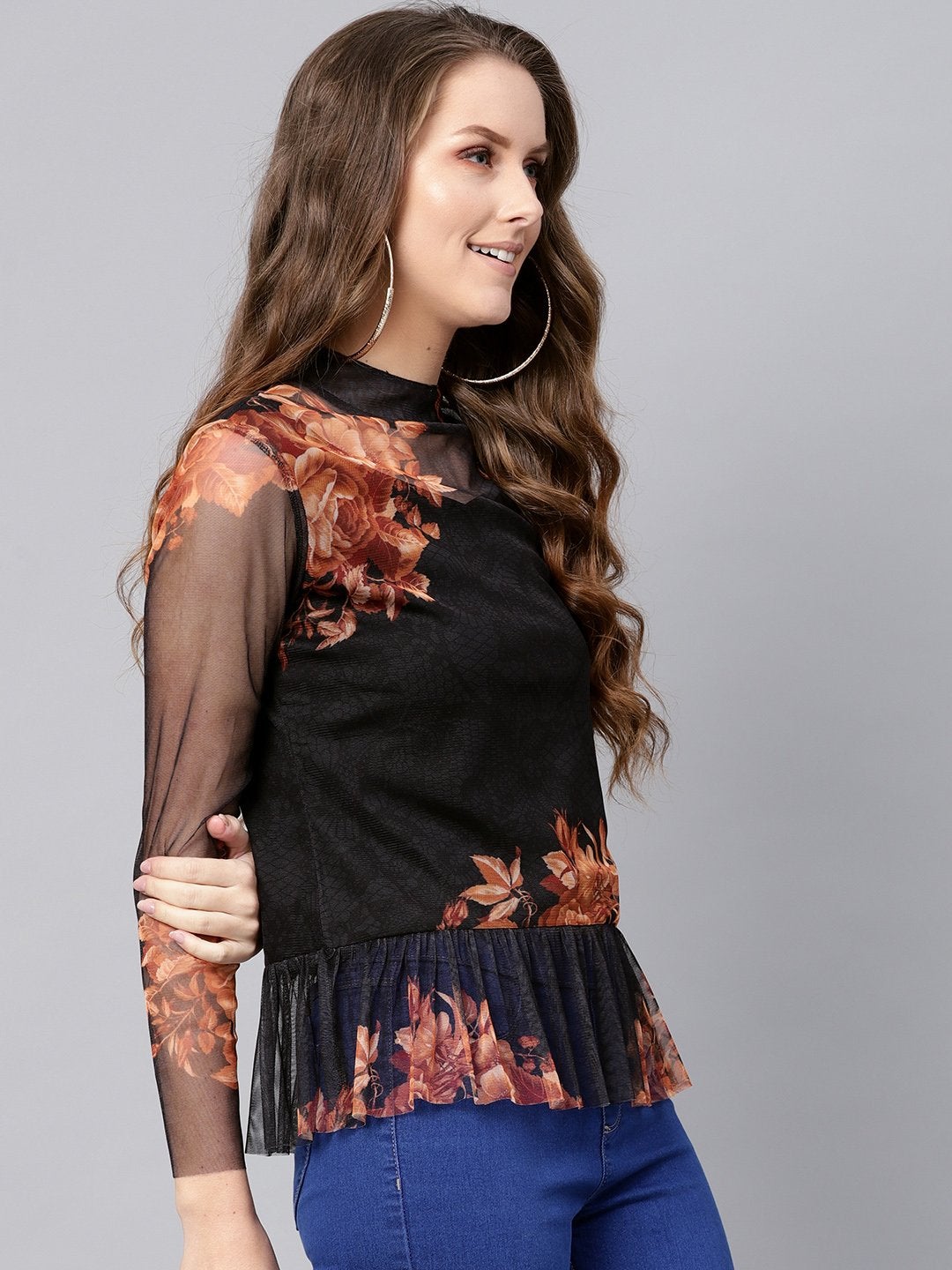 Women's Black Floral Mesh Peplum Top - SASSAFRAS