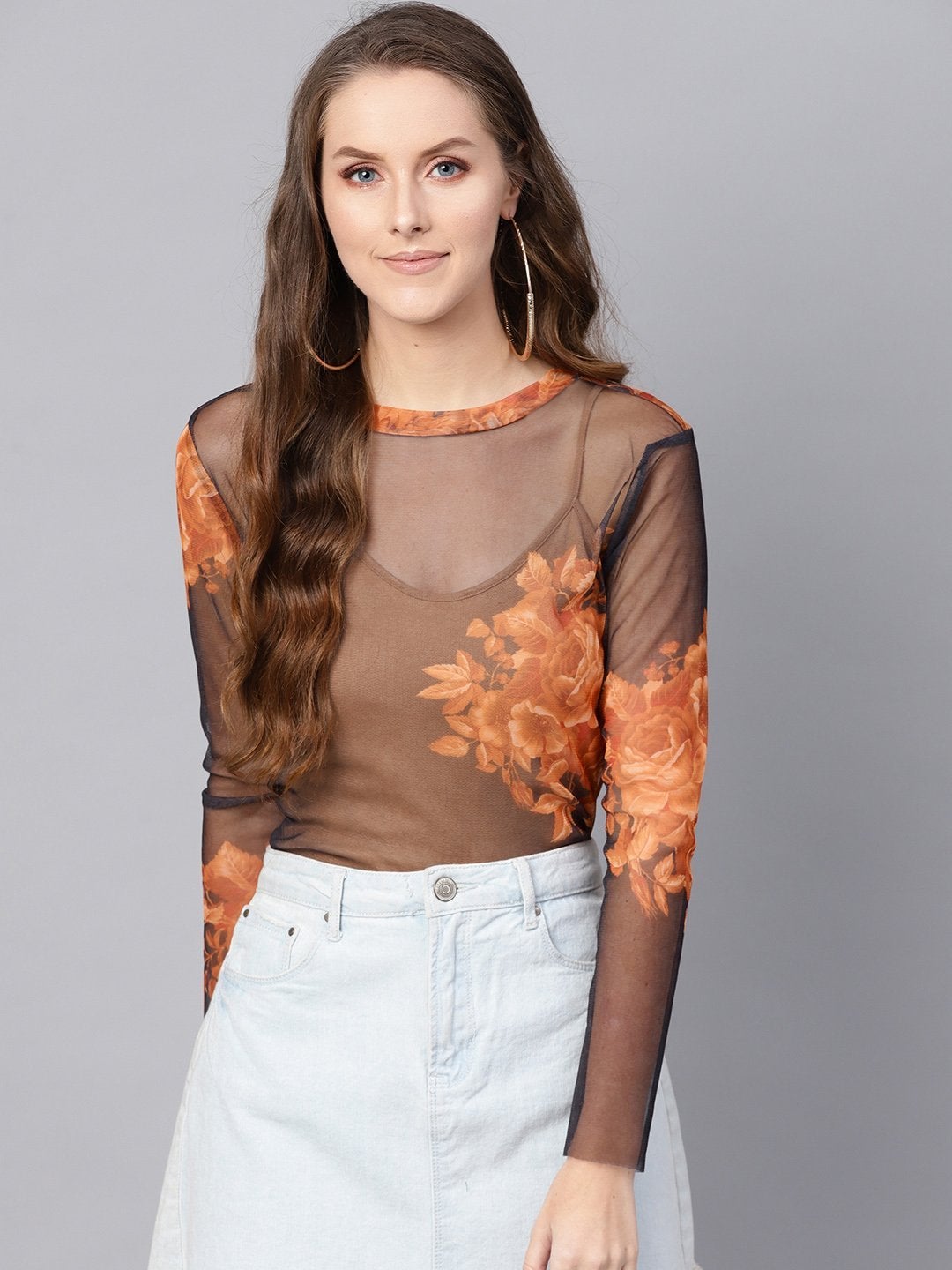 Women's Black Floral Mesh Turtle Neck Blouse