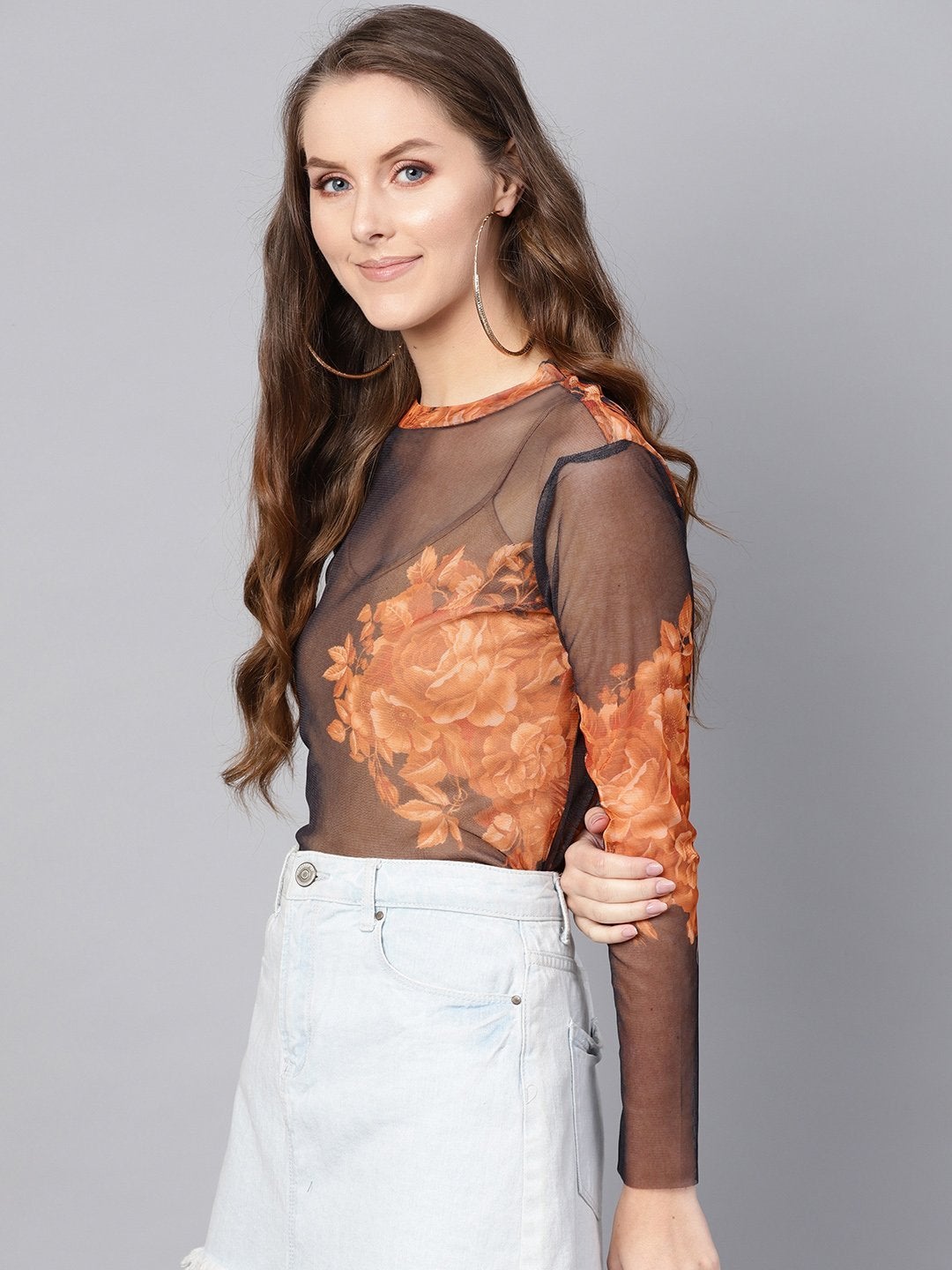 Women's Black Floral Mesh Turtle Neck Blouse
