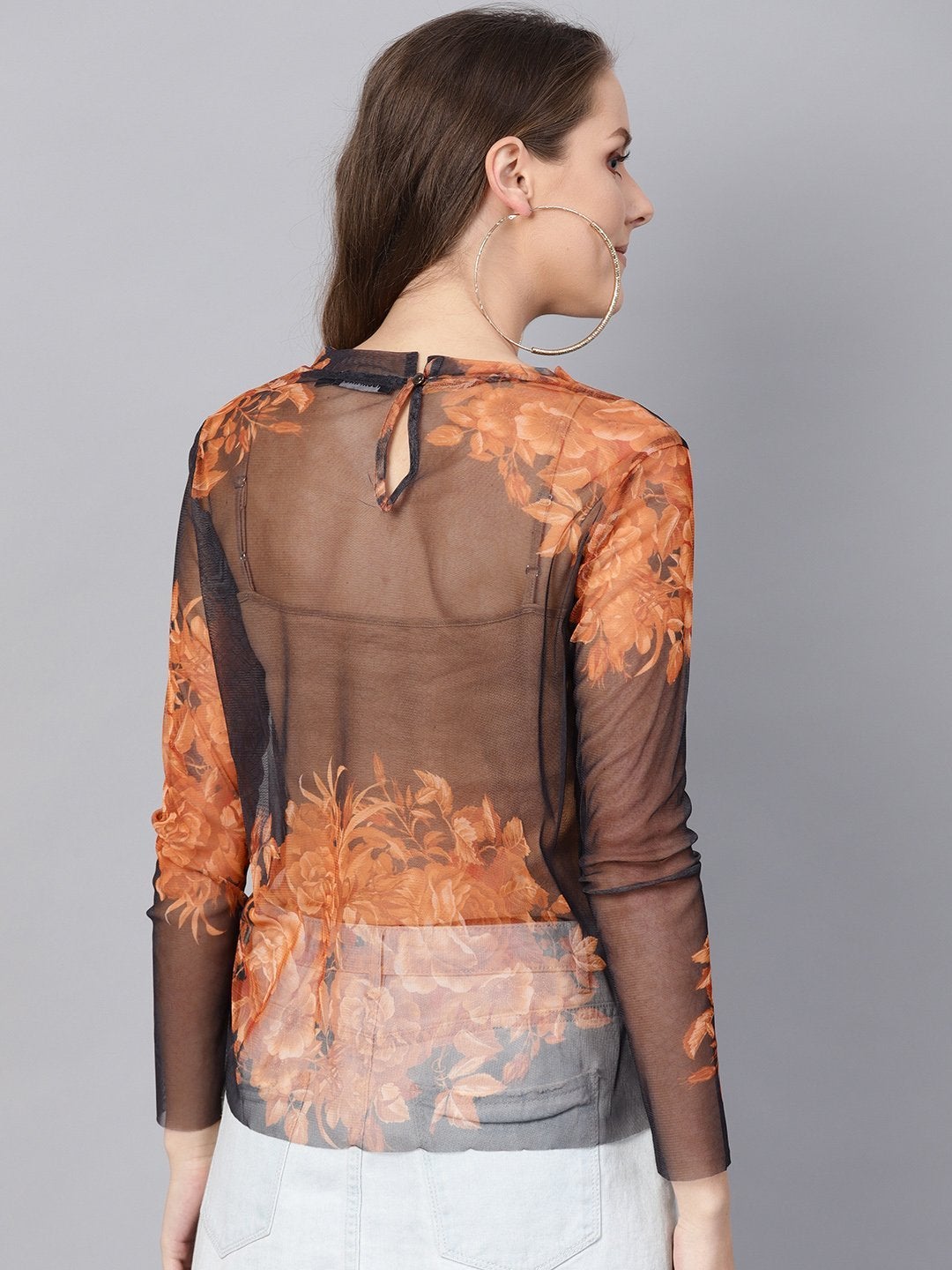 Women's Black Floral Mesh Turtle Neck Blouse