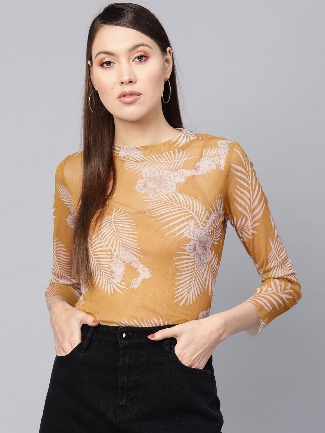 Women's Mustard Floral Mesh Turtle Neck Blouse