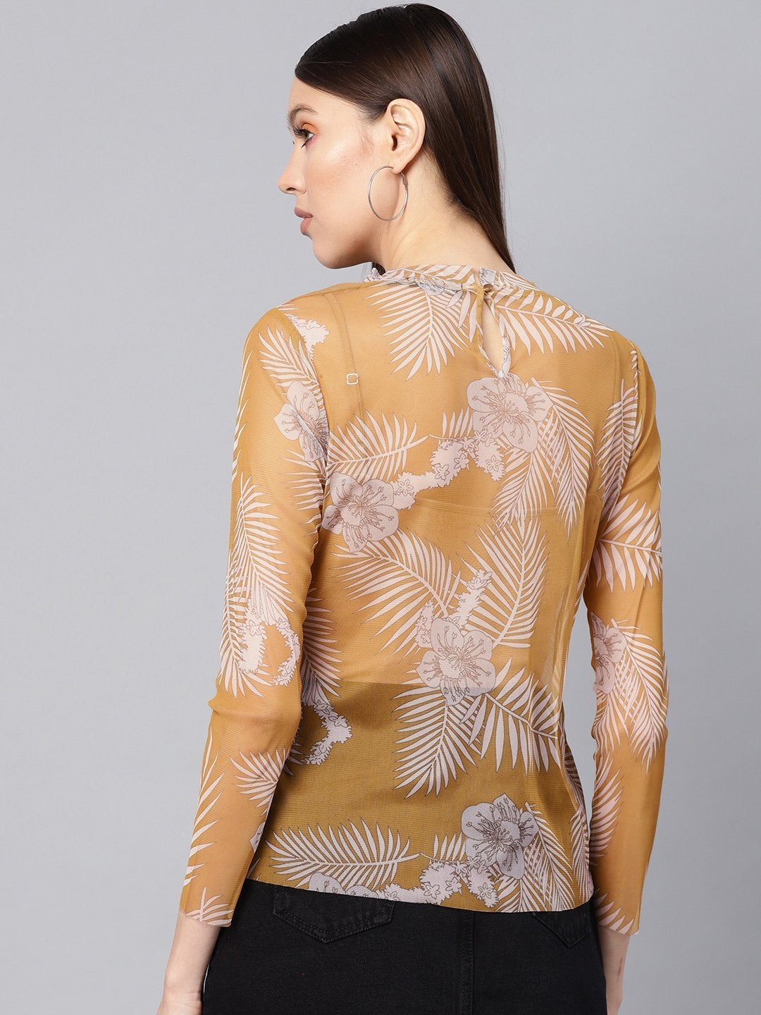 Women's Mustard Floral Mesh Turtle Neck Blouse
