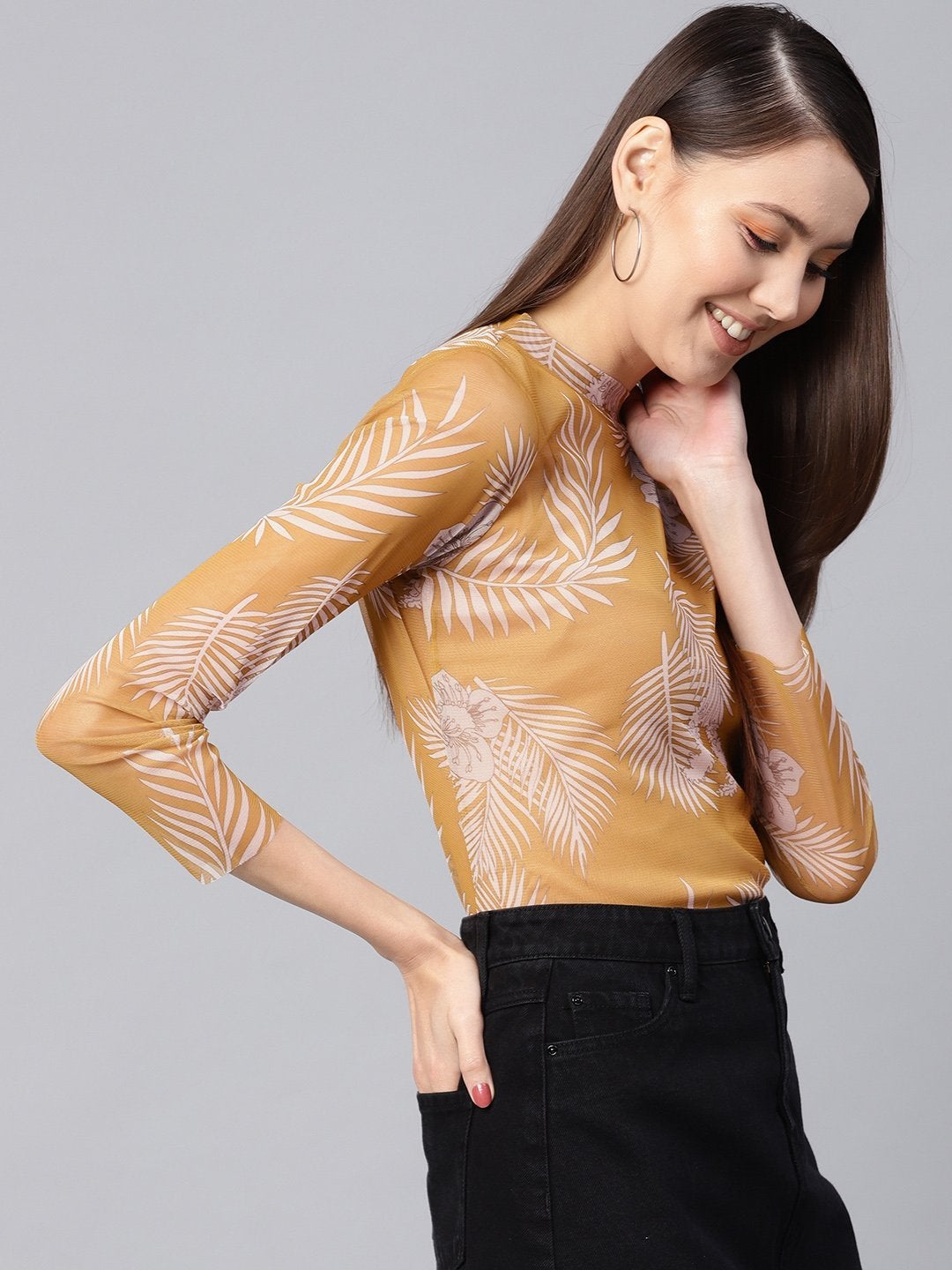 Women's Mustard Floral Mesh Turtle Neck Blouse