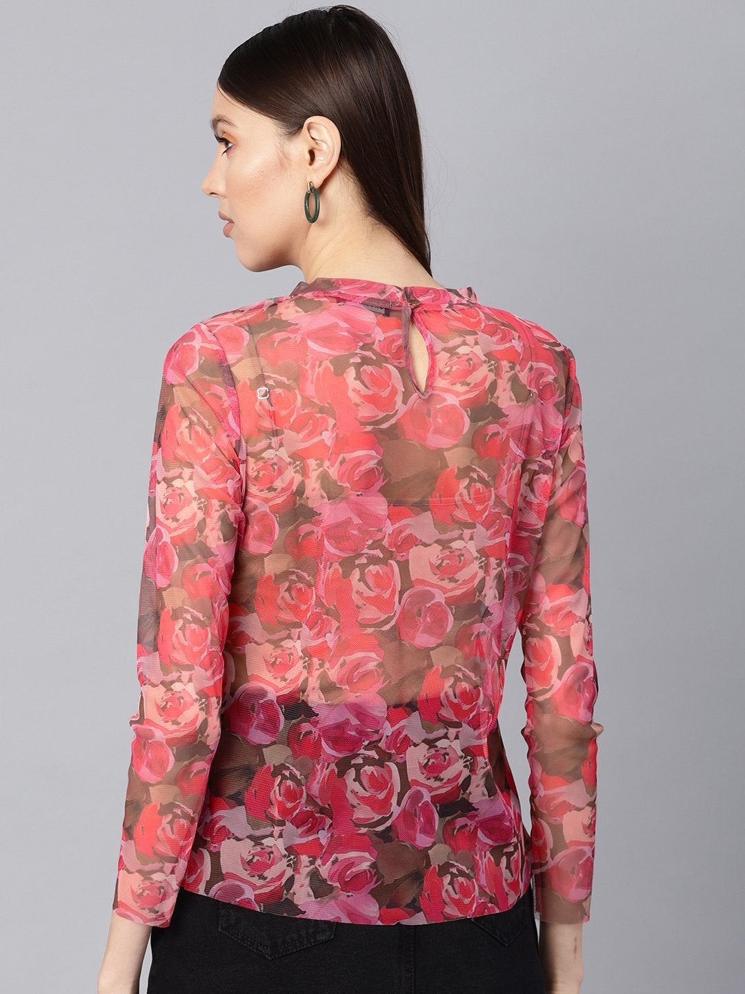 Women's Pink Rose Floral Mesh Turtle Neck Blouse
