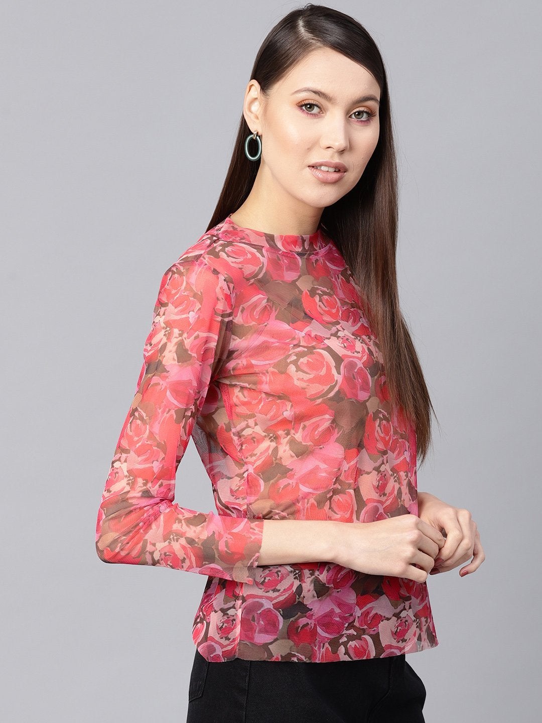 Women's Pink Rose Floral Mesh Turtle Neck Blouse