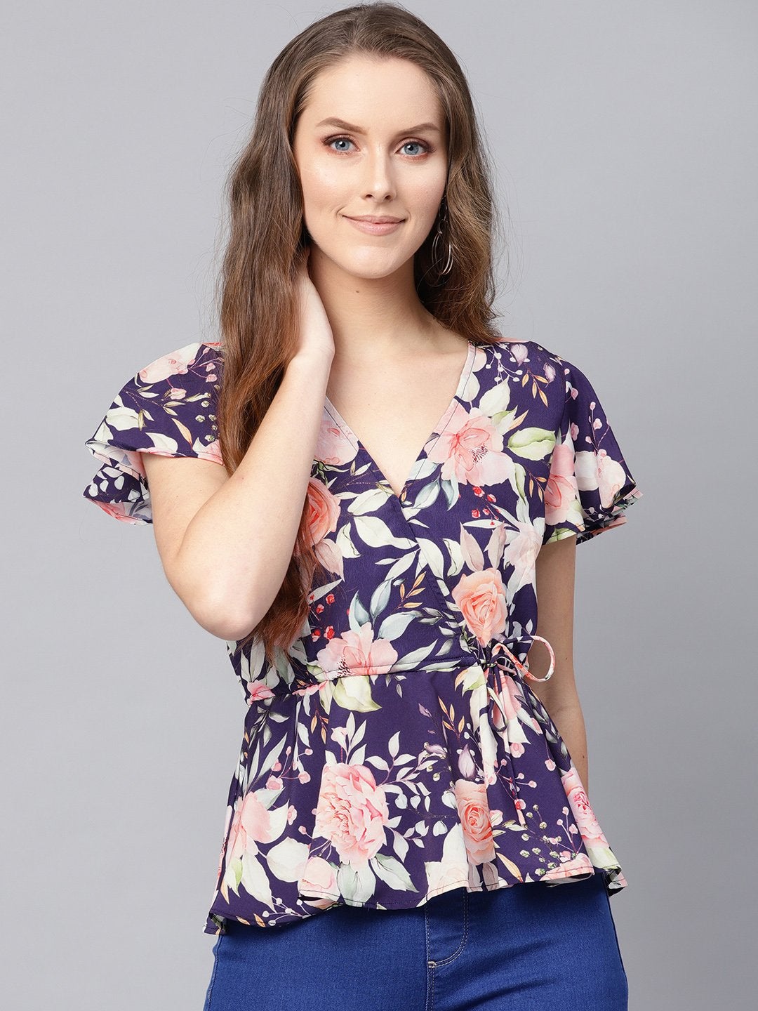 Women's Navy Floral Wrap Peplum Top - SASSAFRAS