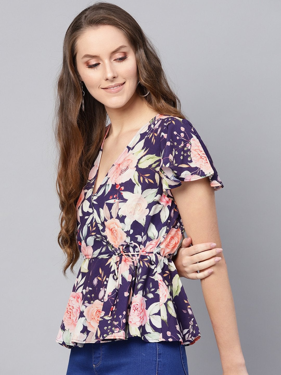 Women's Navy Floral Wrap Peplum Top - SASSAFRAS