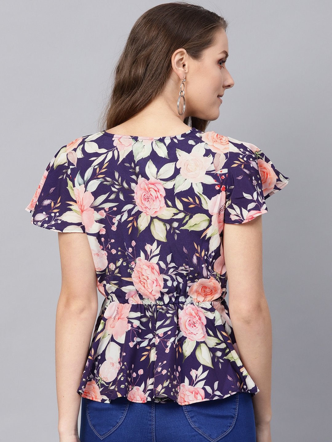 Women's Navy Floral Wrap Peplum Top - SASSAFRAS