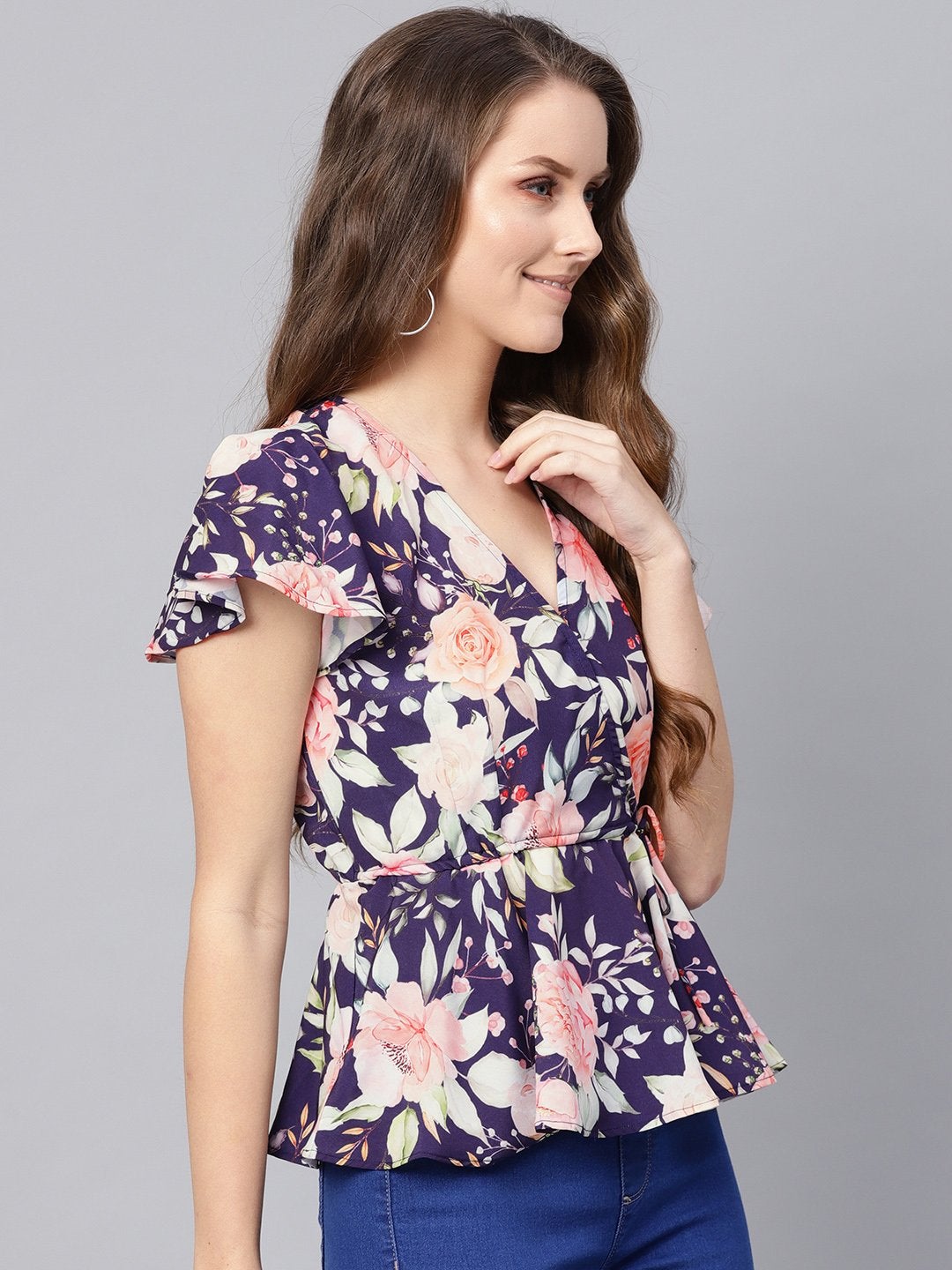 Women's Navy Floral Wrap Peplum Top - SASSAFRAS