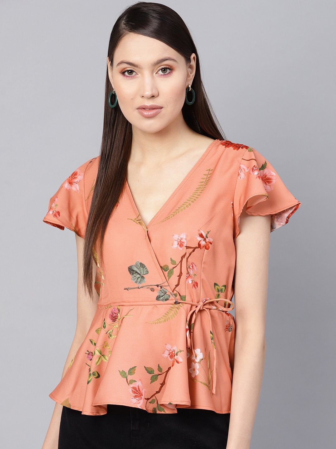 Women's Pink Floral Wrap Peplum Top - SASSAFRAS