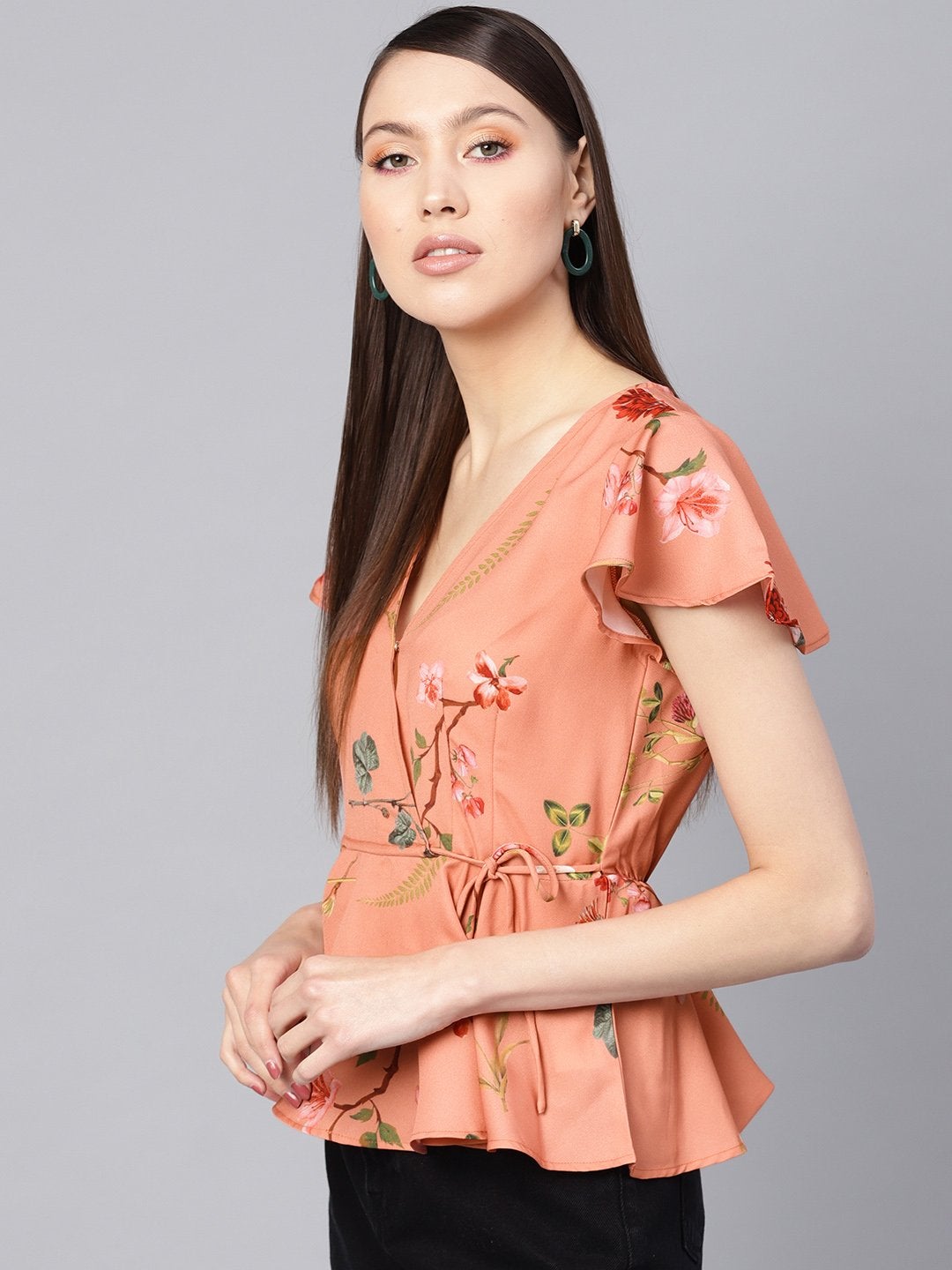 Women's Pink Floral Wrap Peplum Top - SASSAFRAS