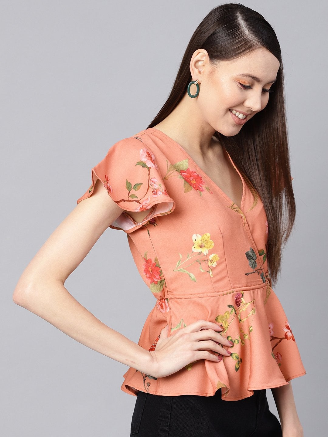 Women's Pink Floral Wrap Peplum Top - SASSAFRAS