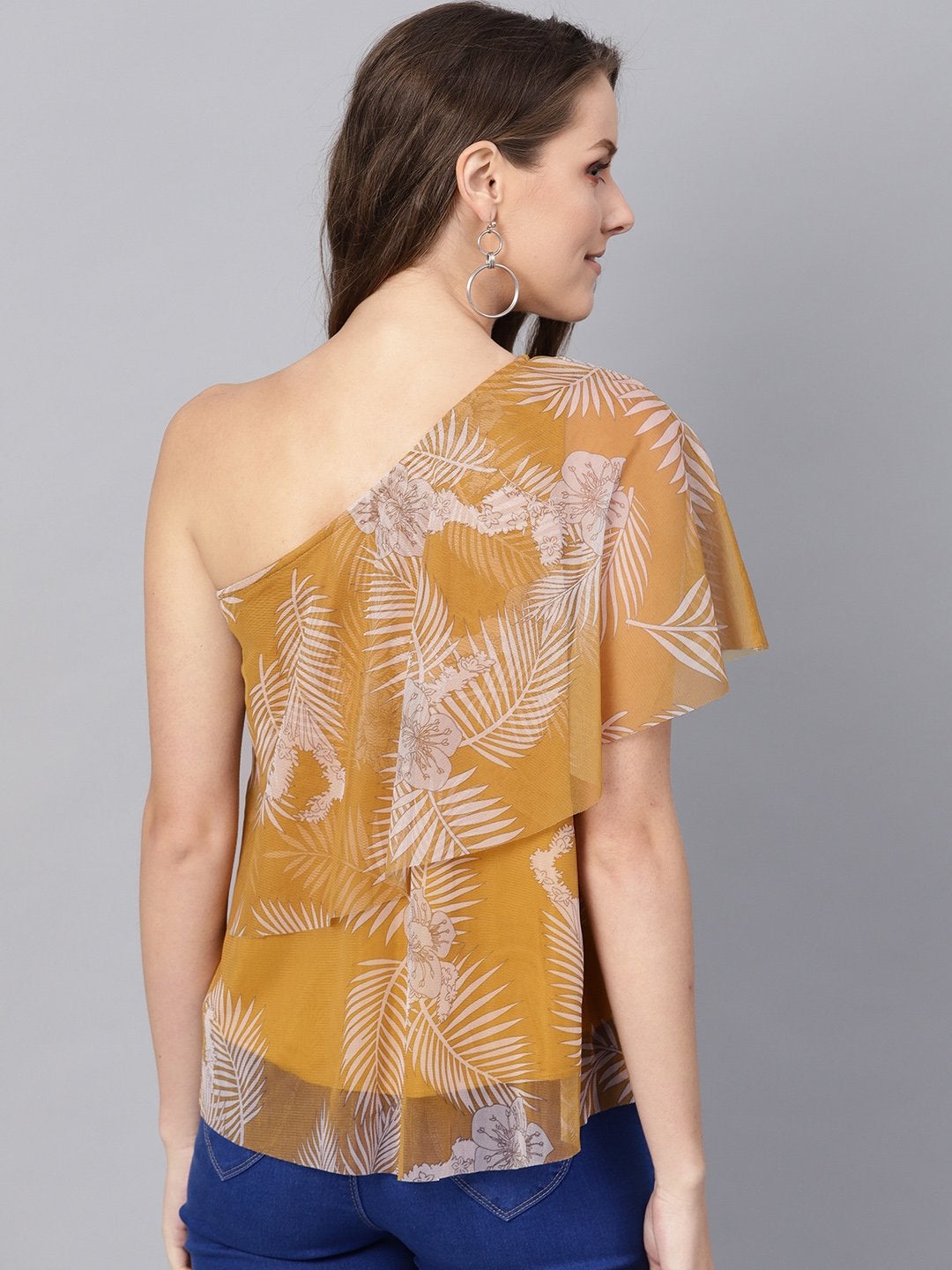 Women's Mustard Floral Mesh One Shoulder Top - SASSAFRAS