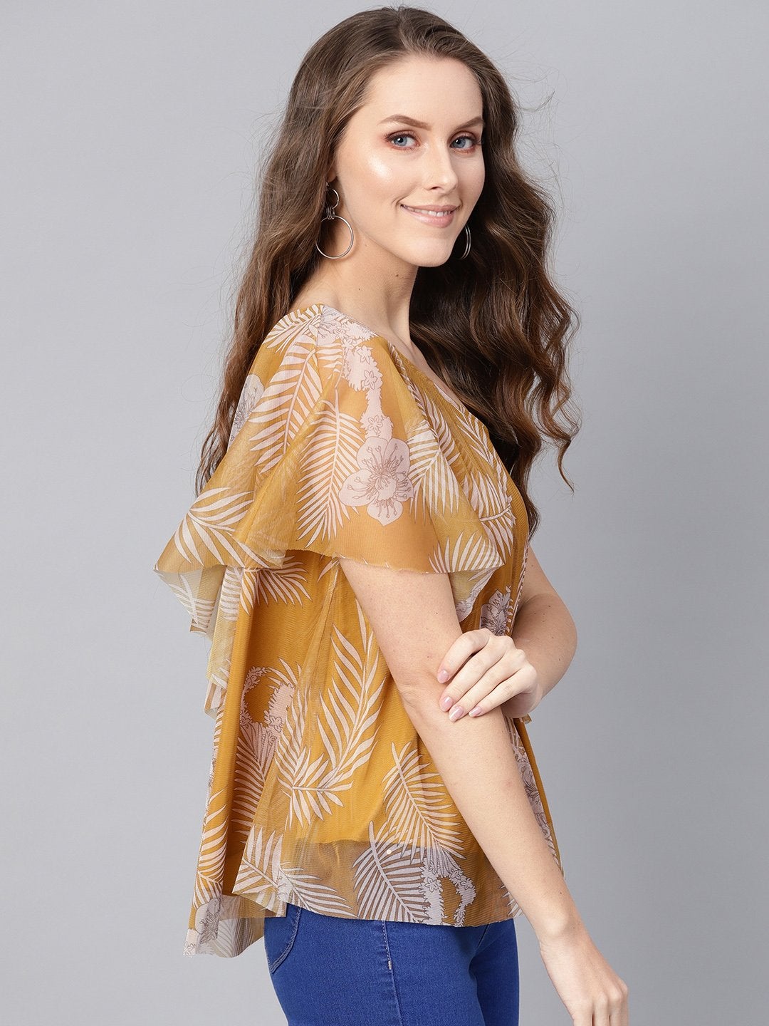 Women's Mustard Floral Mesh One Shoulder Top - SASSAFRAS