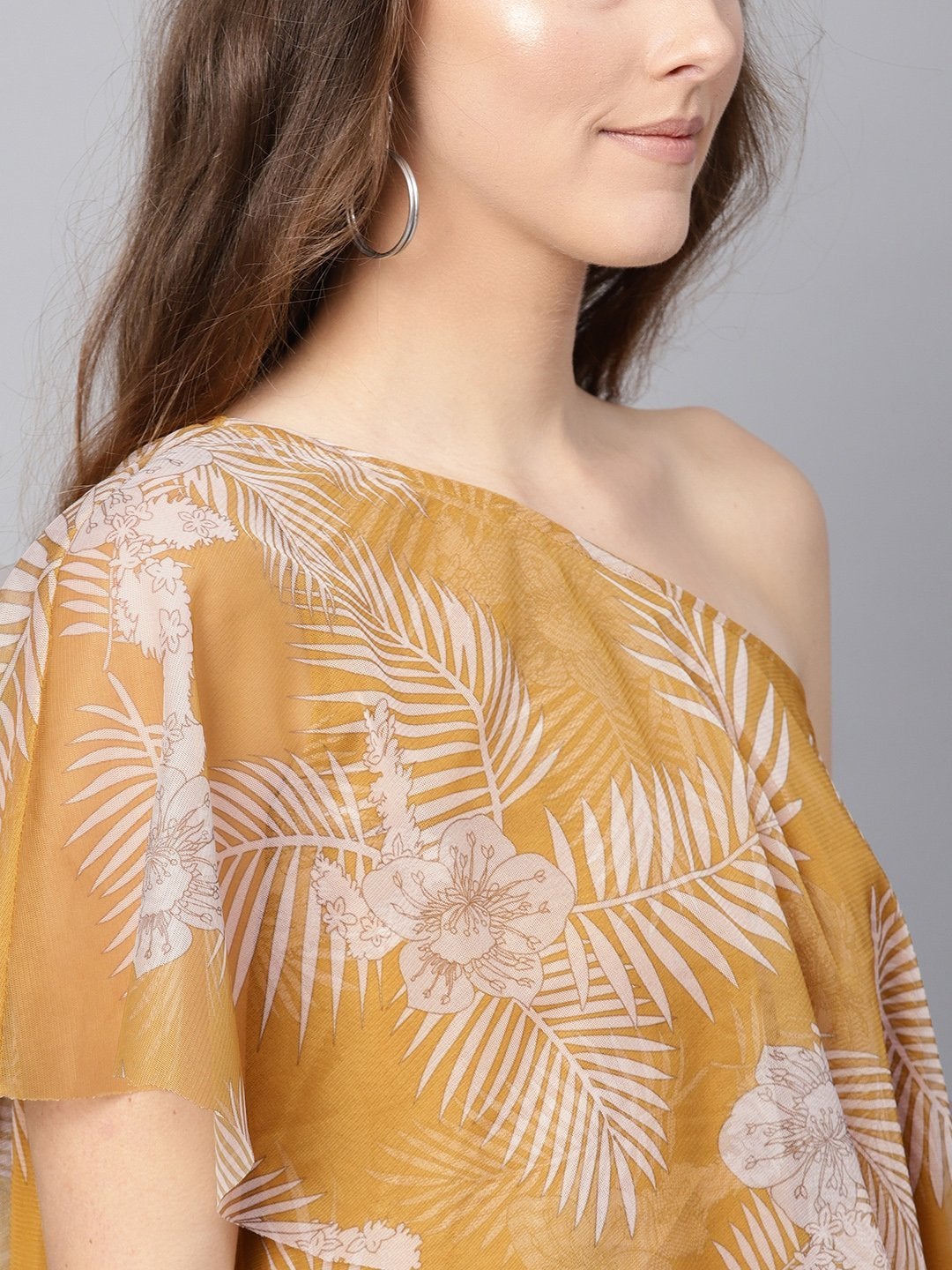 Women's Mustard Floral Mesh One Shoulder Top - SASSAFRAS