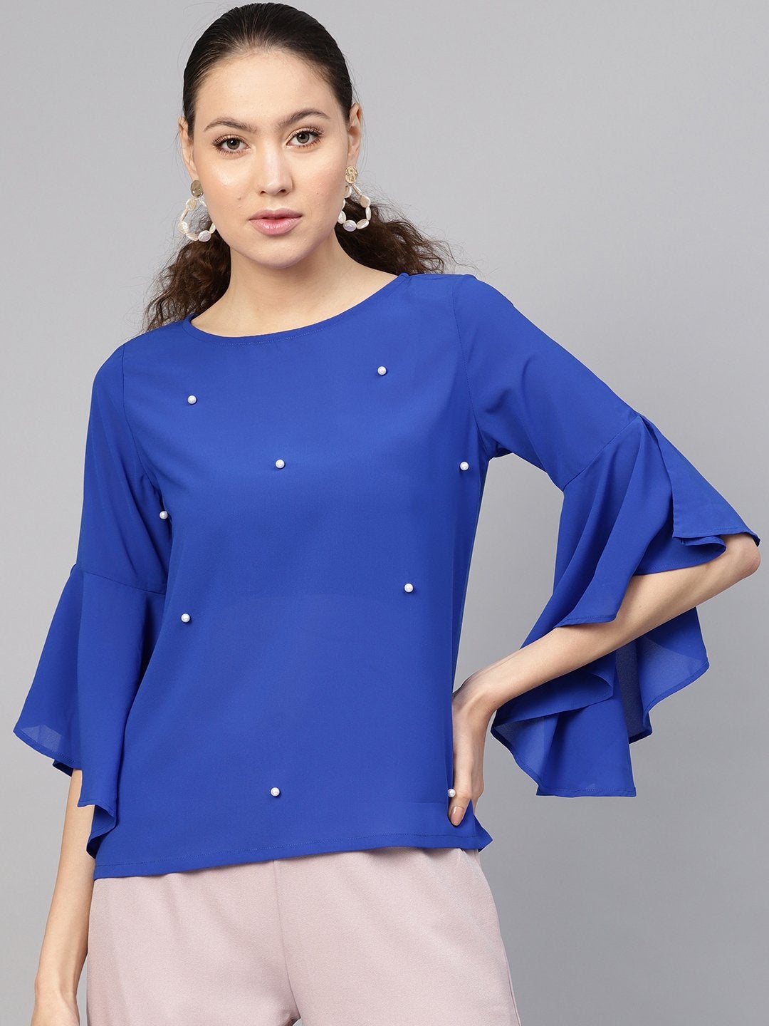 Women's Royal Blue Pearl Studded Top - SASSAFRAS