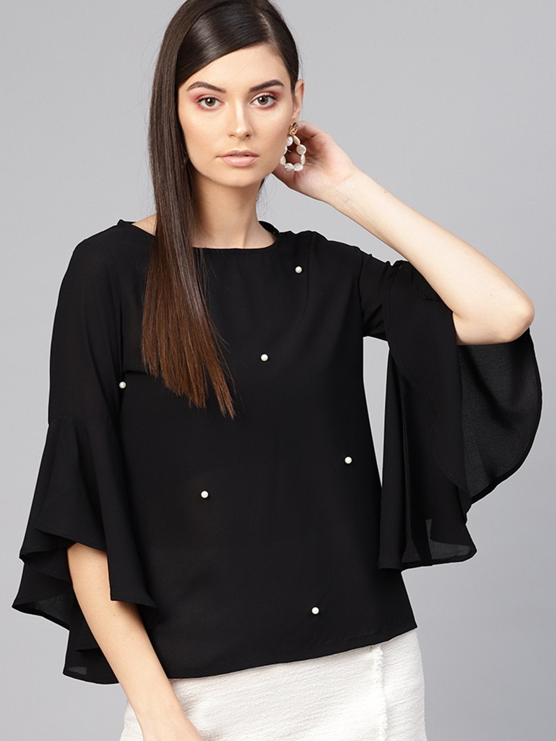 Women's Black Pearl Studded Top - SASSAFRAS