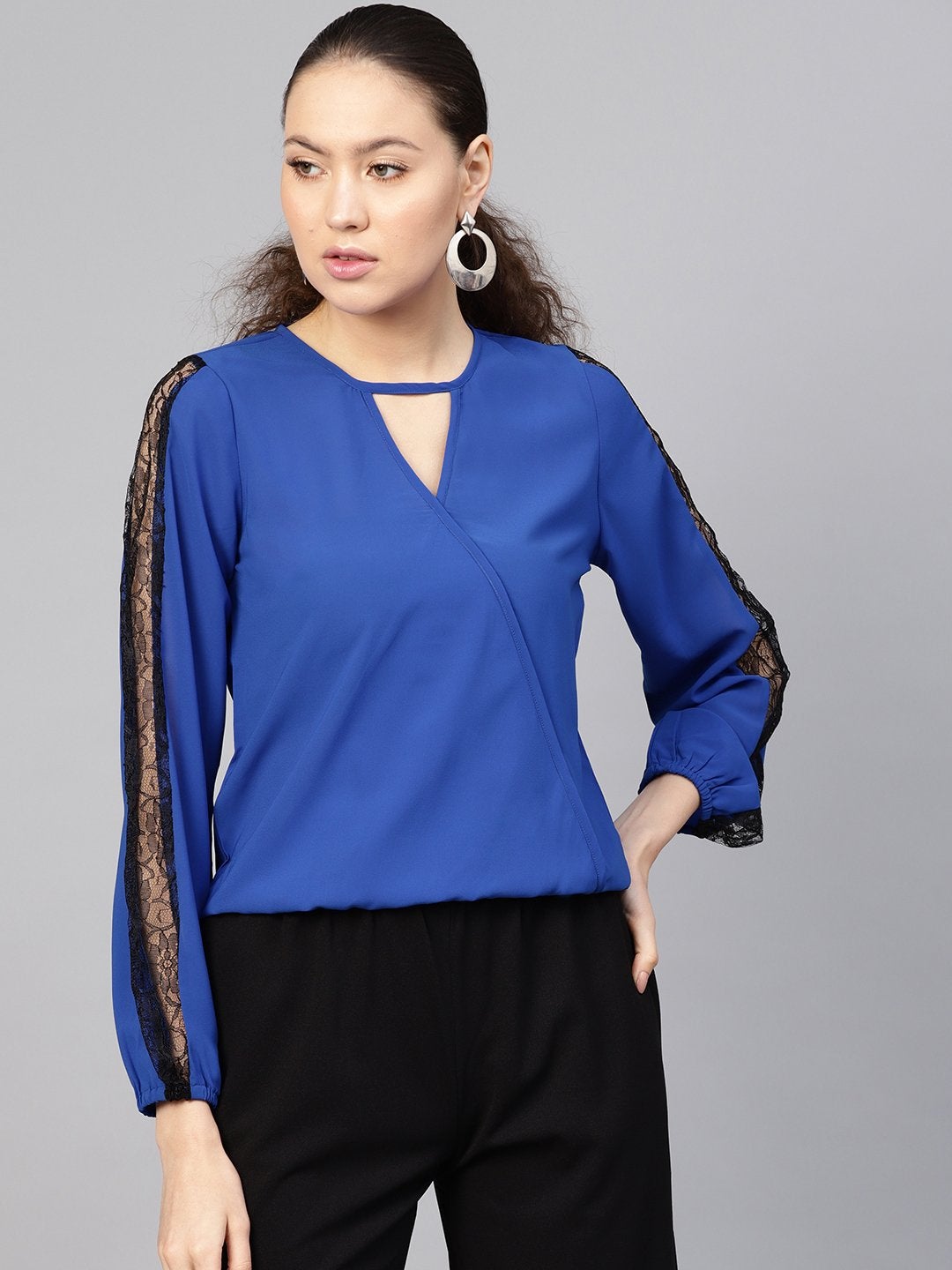 Women's Royal Blue Lace Insert Wrap Top - SASSAFRAS