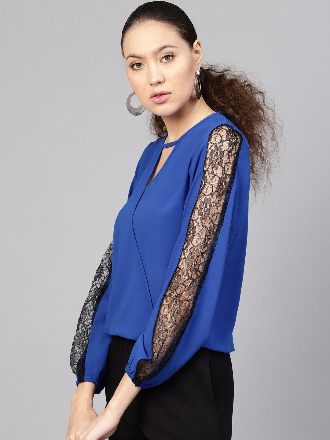 Women's Royal Blue Lace Insert Wrap Top - SASSAFRAS