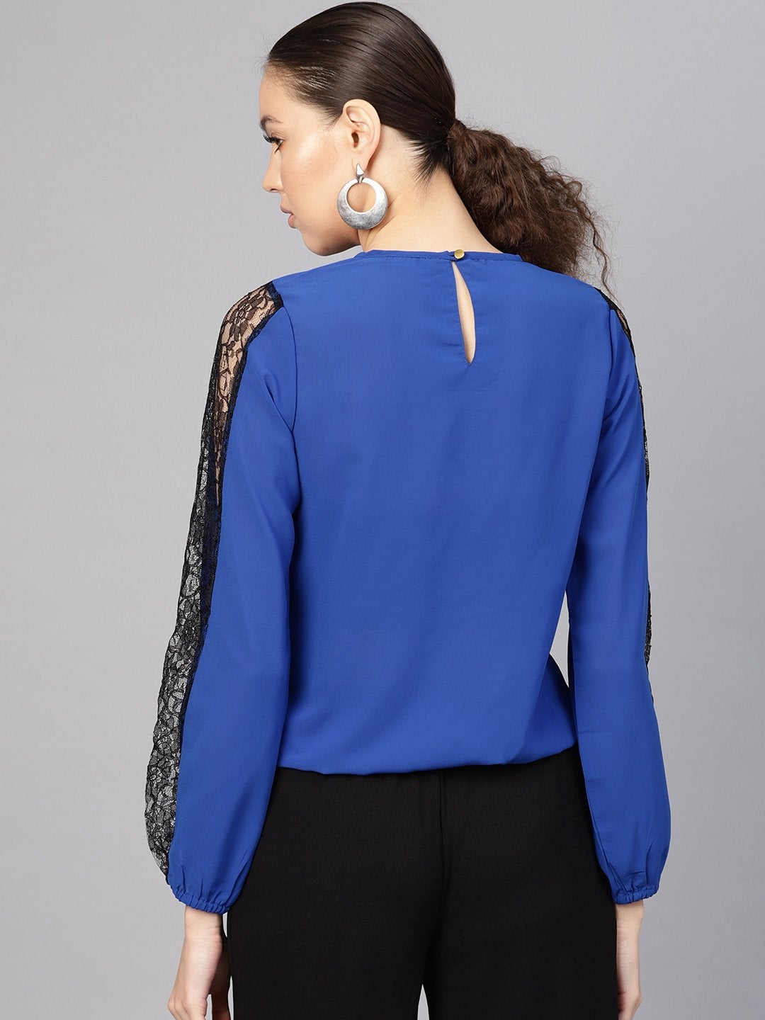 Women's Royal Blue Lace Insert Wrap Top - SASSAFRAS