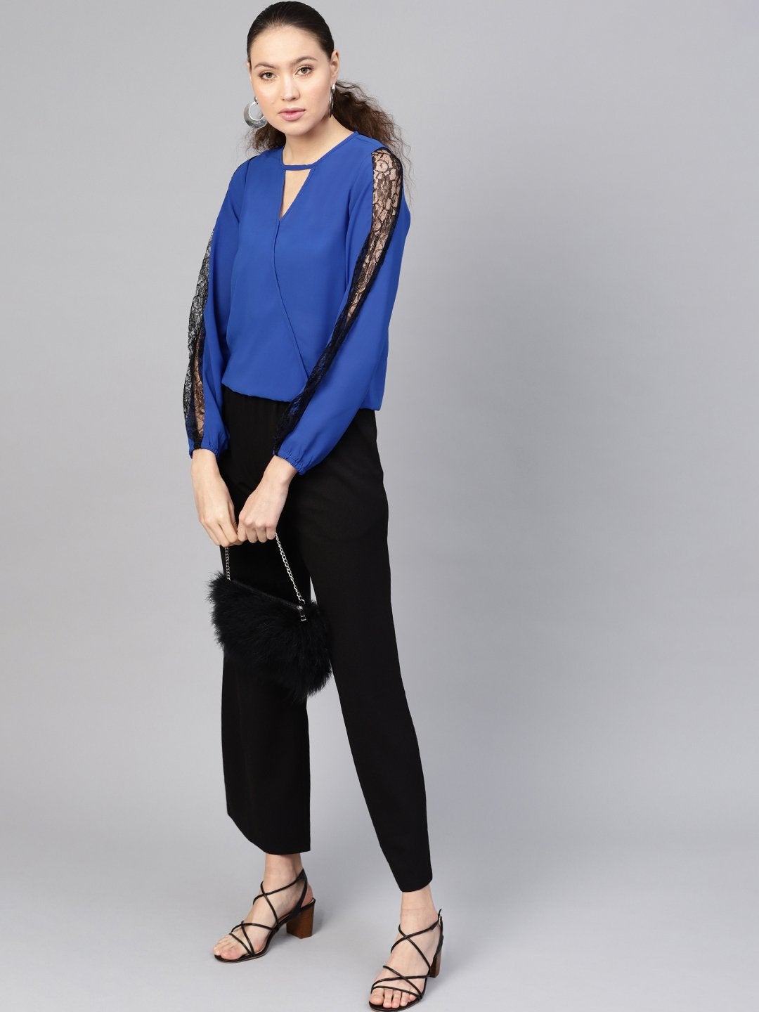 Women's Royal Blue Lace Insert Wrap Top - SASSAFRAS