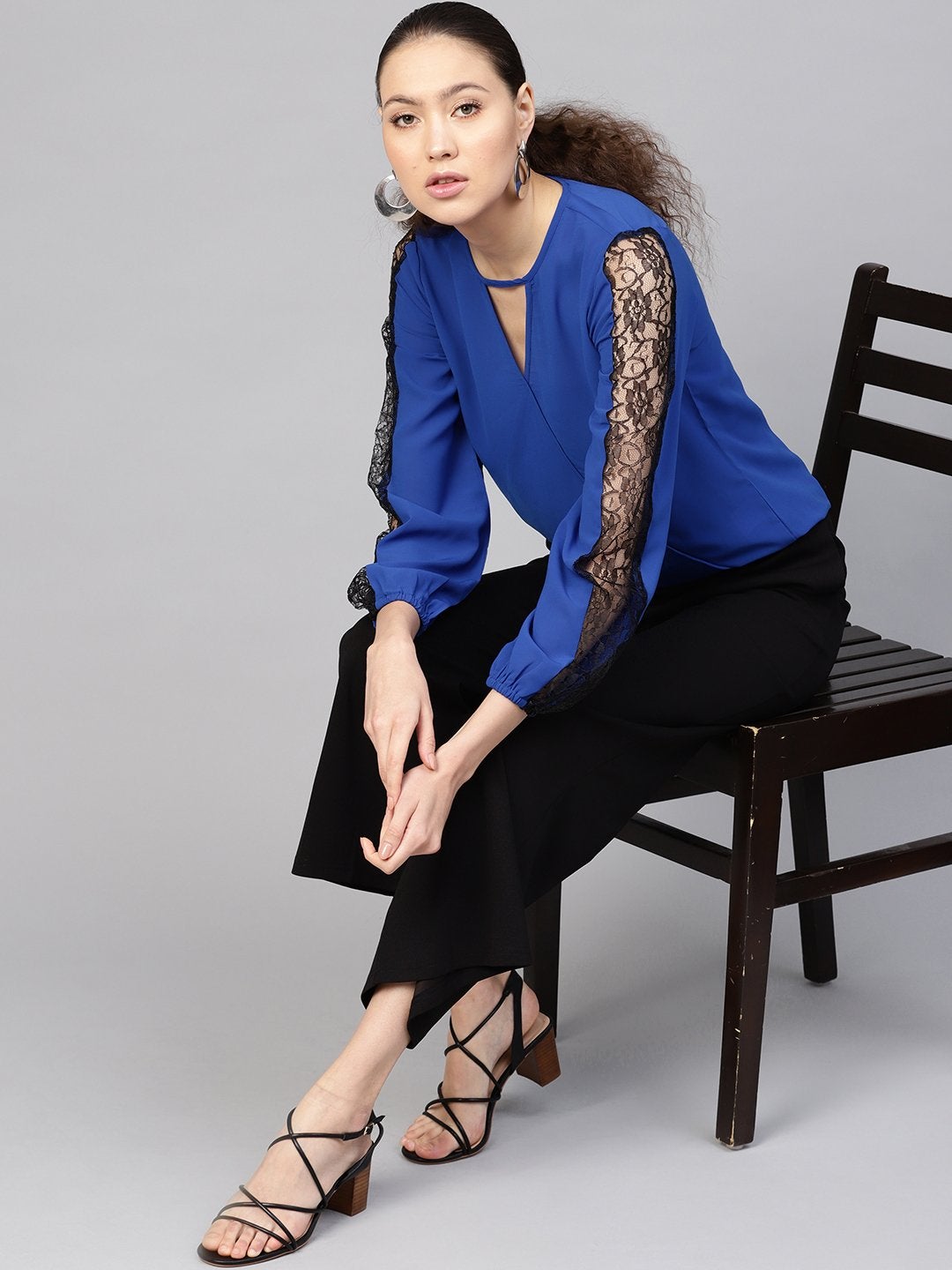 Women's Royal Blue Lace Insert Wrap Top - SASSAFRAS