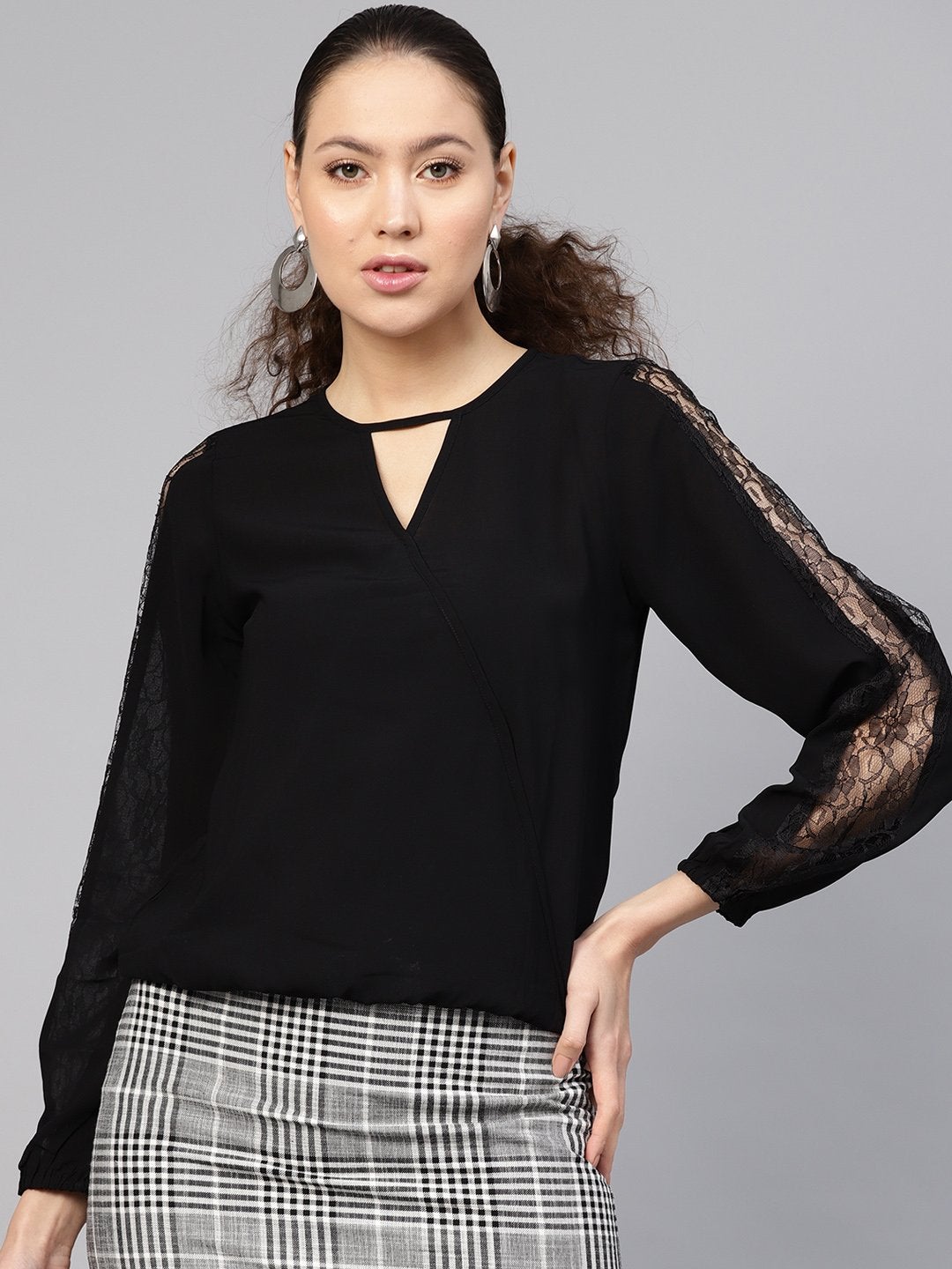 Women's Black Lace Insert Wrap Top - SASSAFRAS