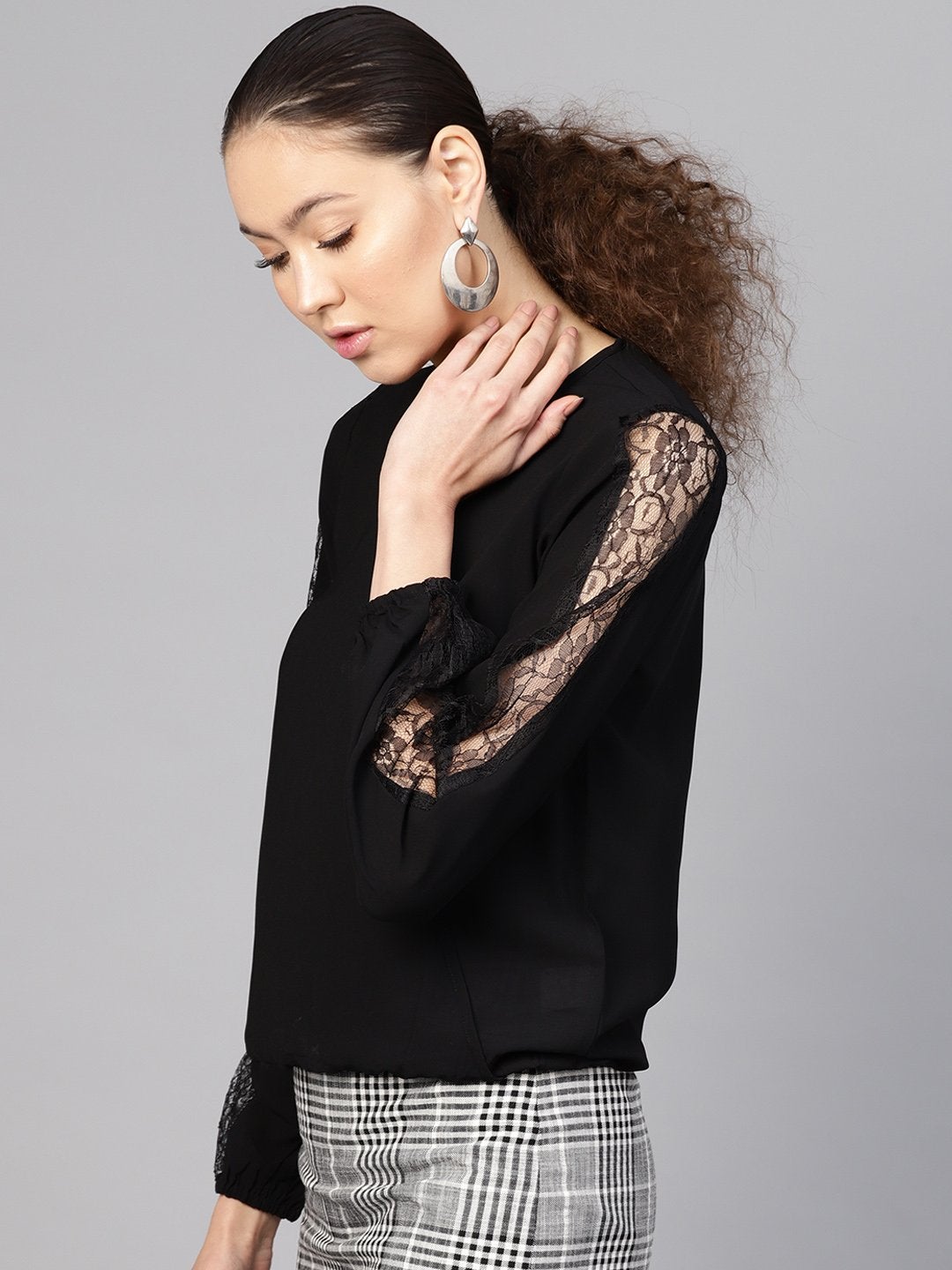 Women's Black Lace Insert Wrap Top - SASSAFRAS