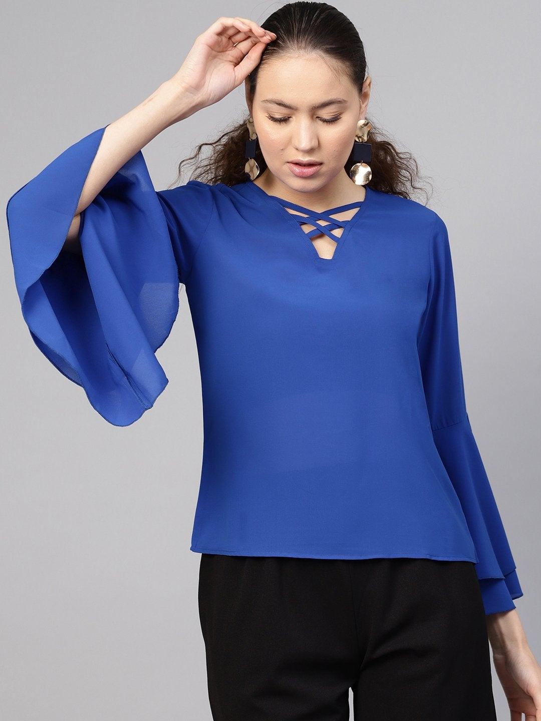 Women's Royal Blue Criss Cross Neck Top - SASSAFRAS