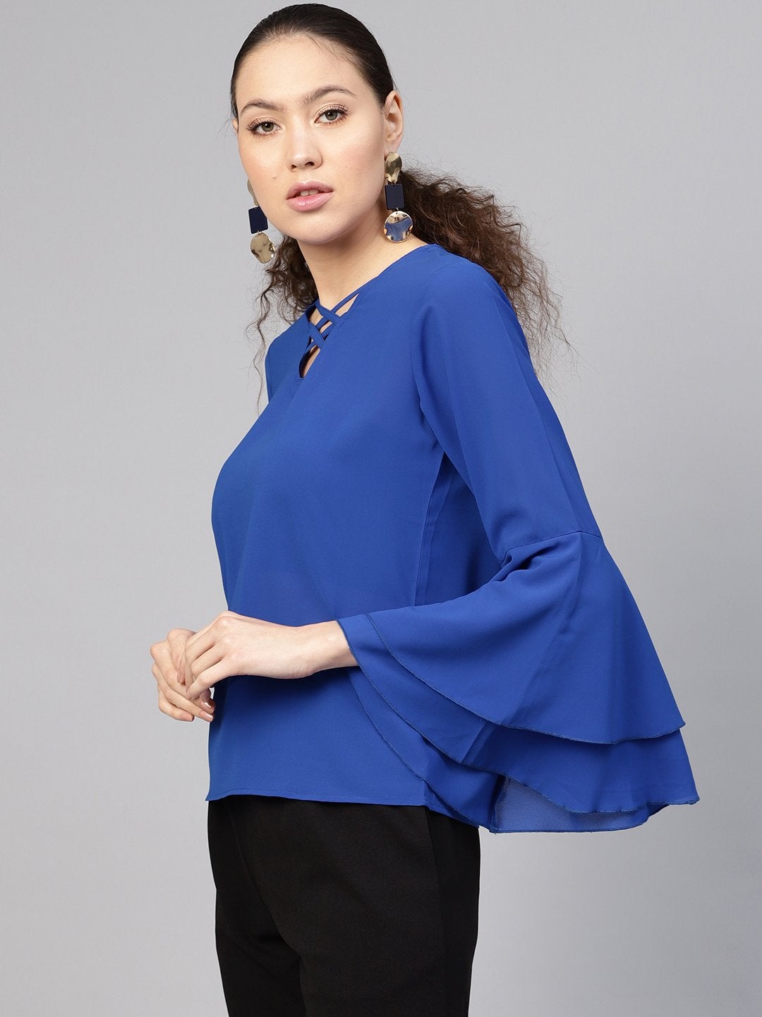 Women's Royal Blue Criss Cross Neck Top - SASSAFRAS