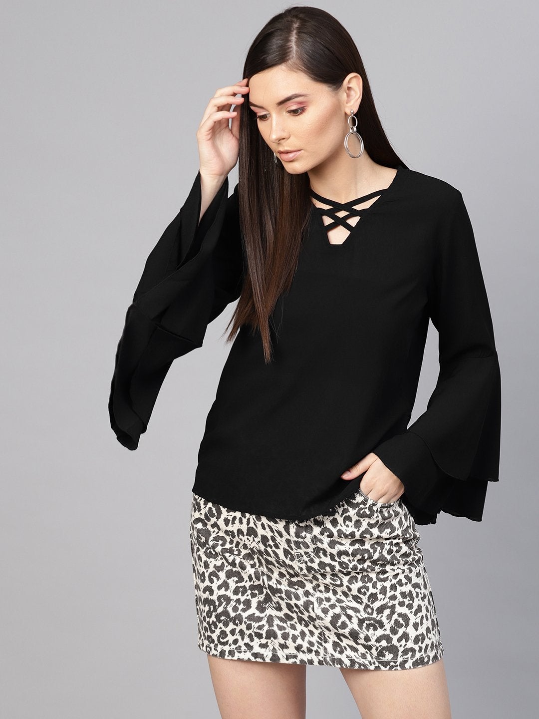 Women's Black Criss Cross Neck Top - SASSAFRAS