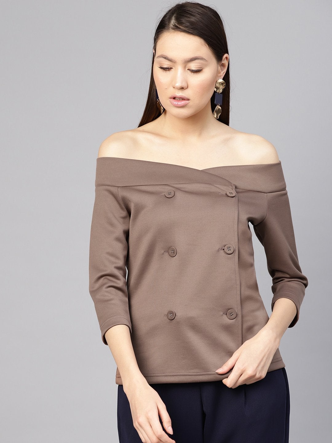 Women's Brown Double Breasted Bardot Top - SASSAFRAS