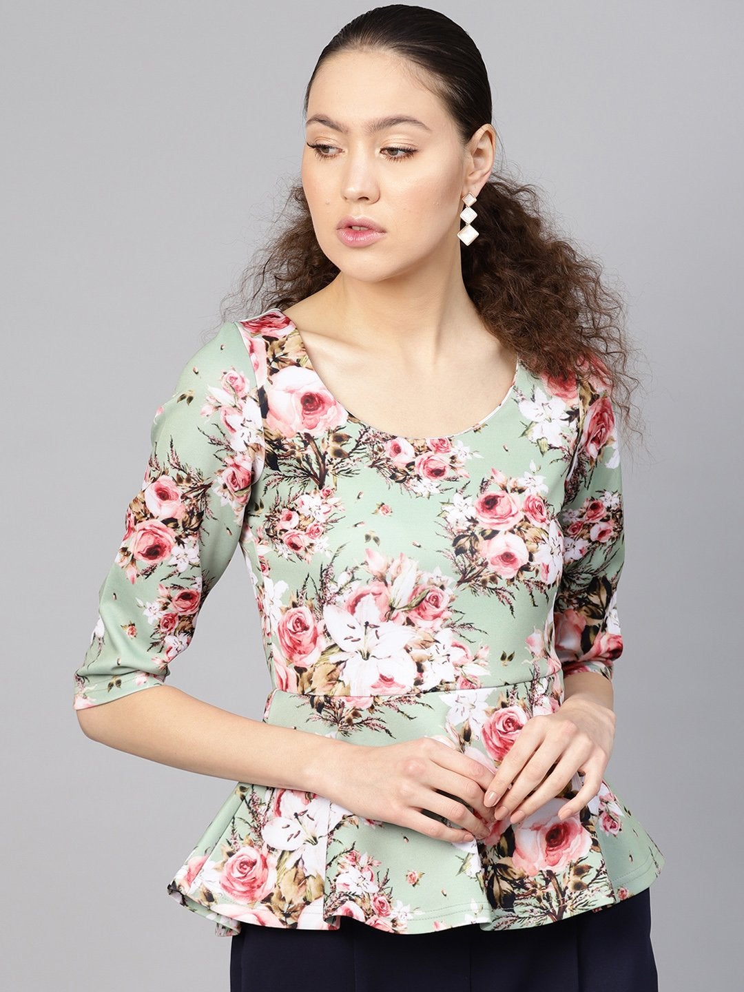 Women's Green Floral Peplum Top - SASSAFRAS