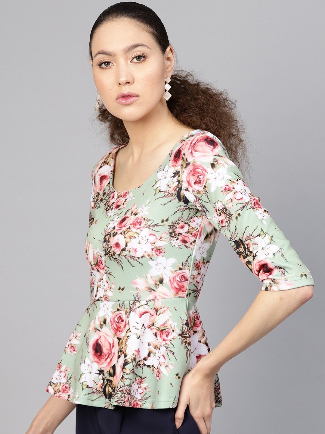 Women's Green Floral Peplum Top - SASSAFRAS