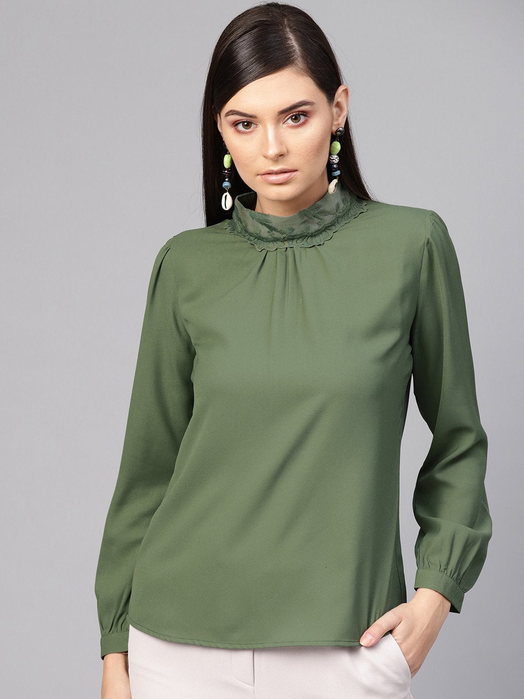 Women's Olive Lace On Neck Top - SASSAFRAS