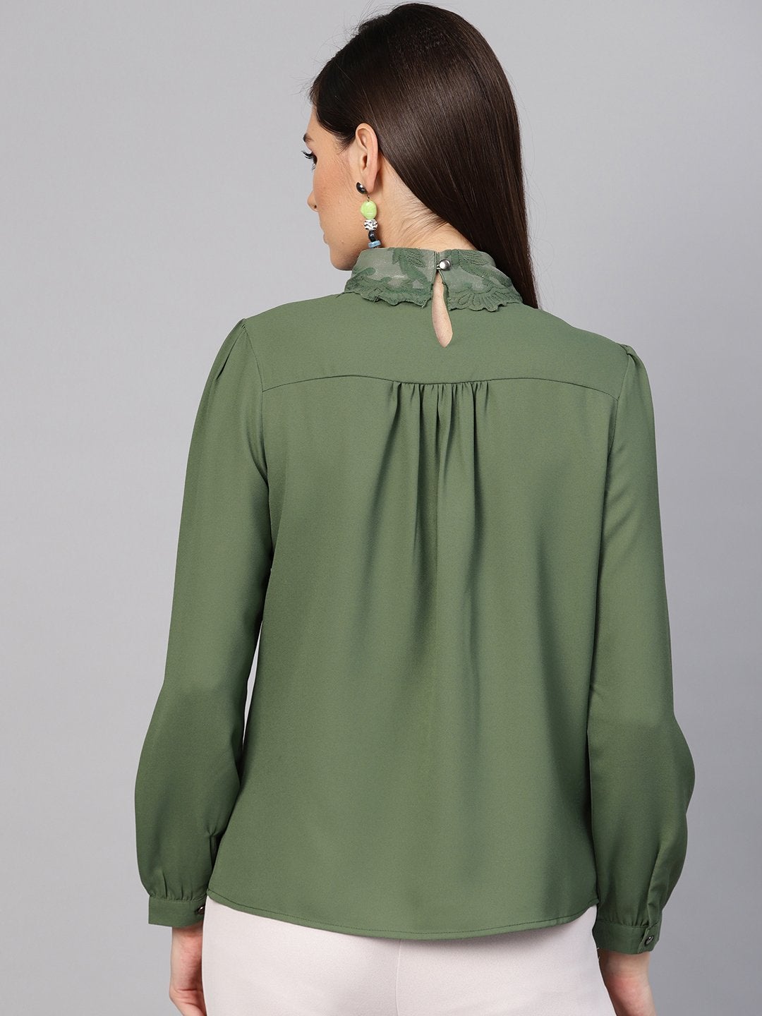 Women's Olive Lace On Neck Top - SASSAFRAS