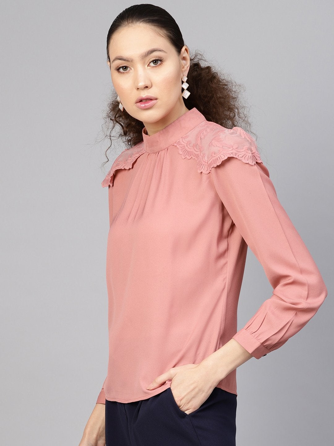 Women's Baked Pink Lacey Shoulder Top - SASSAFRAS