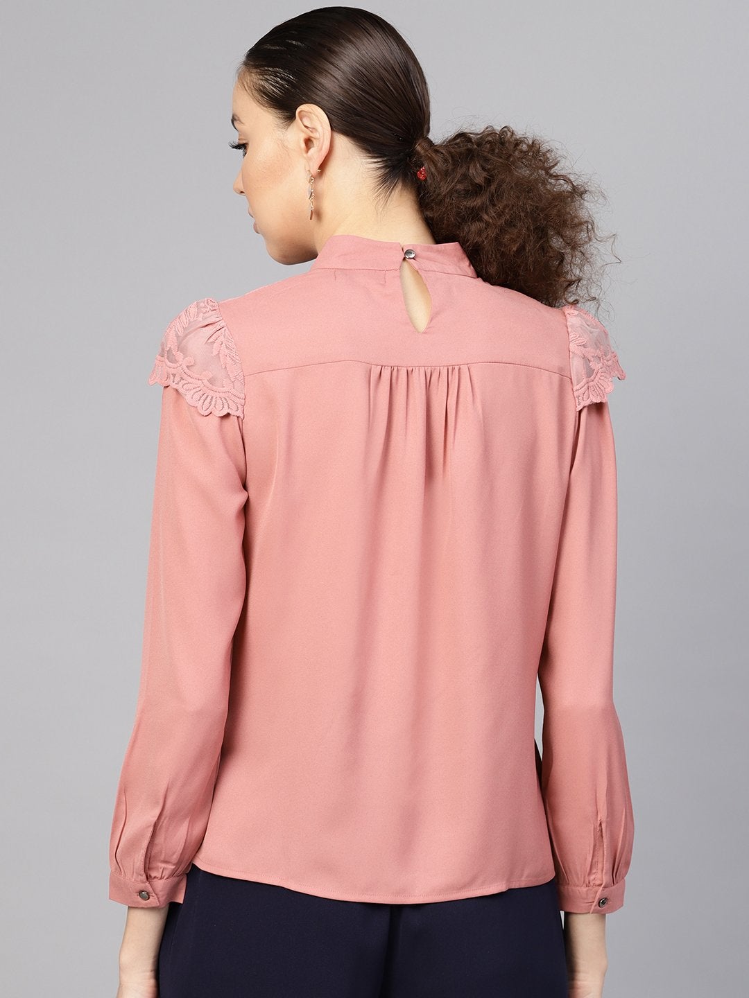 Women's Baked Pink Lacey Shoulder Top - SASSAFRAS