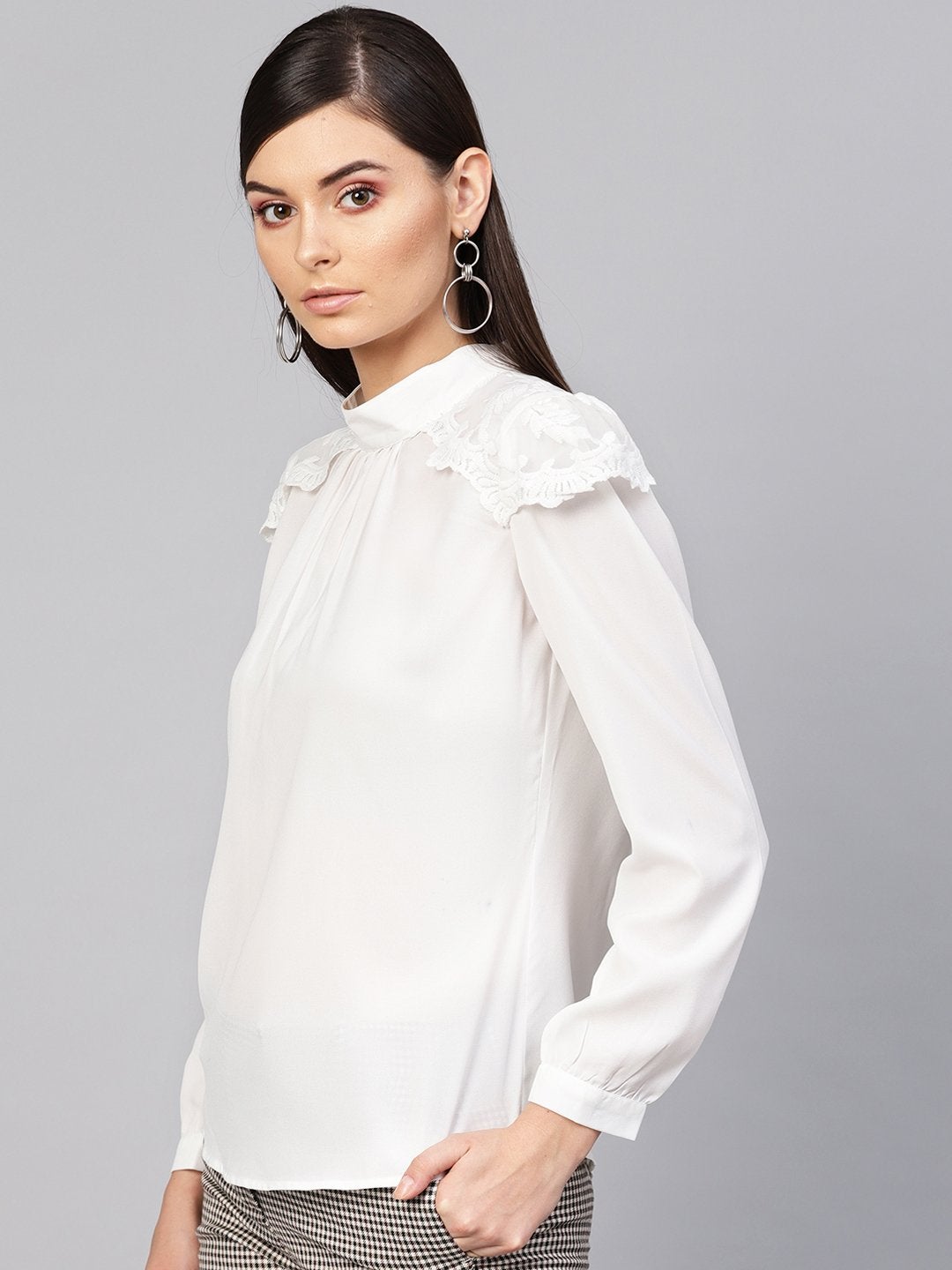 Women's White Lacey Shoulder Top - SASSAFRAS