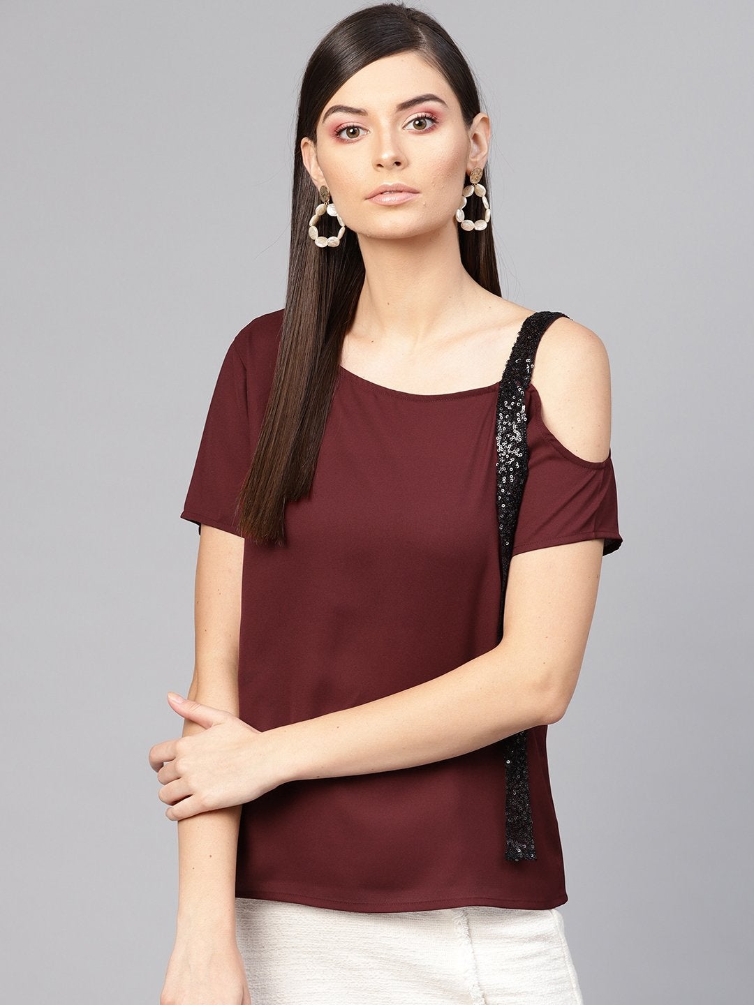 Women's Wine Sequin One Shoulder Strap Top - SASSAFRAS