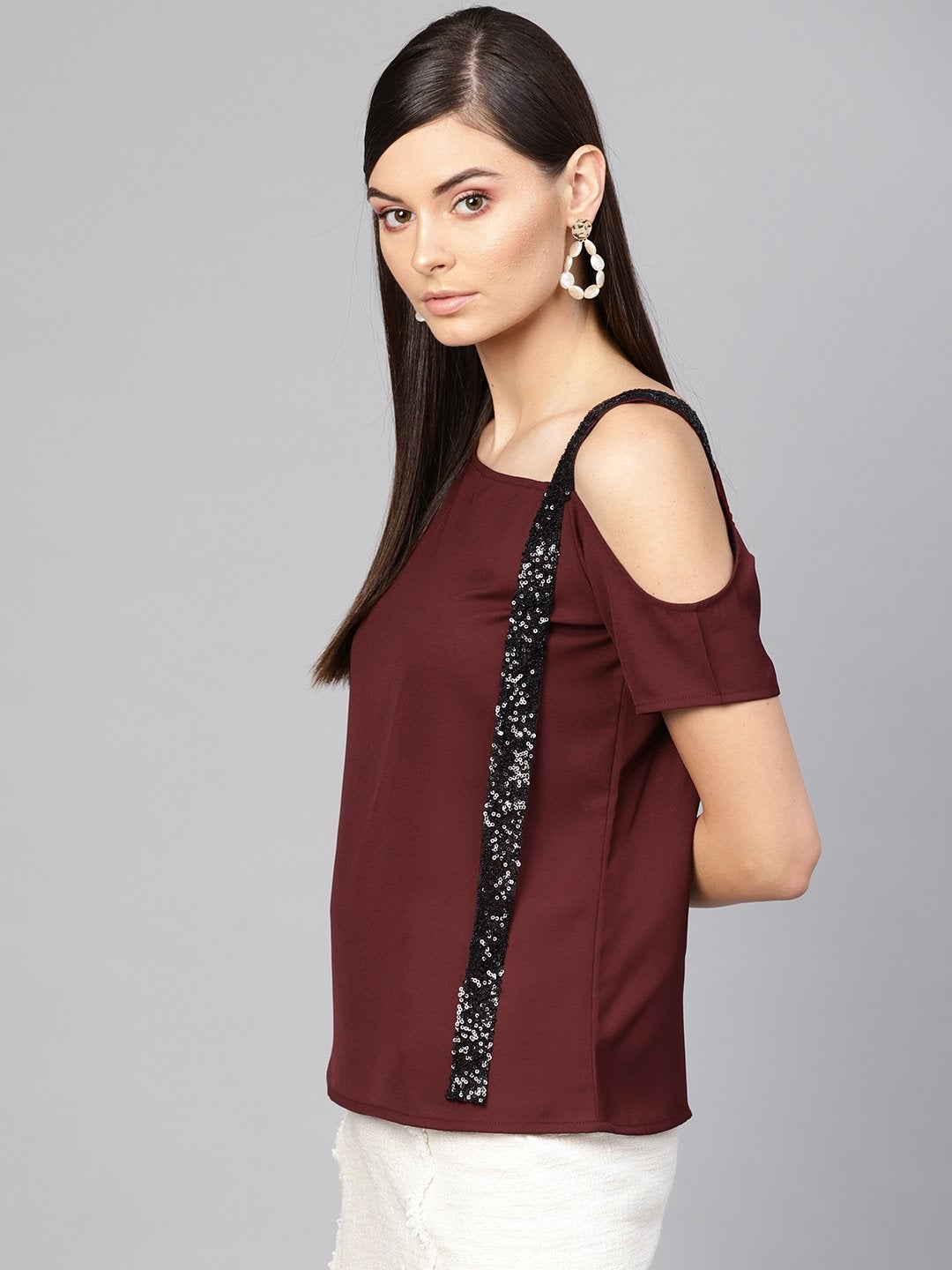 Women's Wine Sequin One Shoulder Strap Top - SASSAFRAS