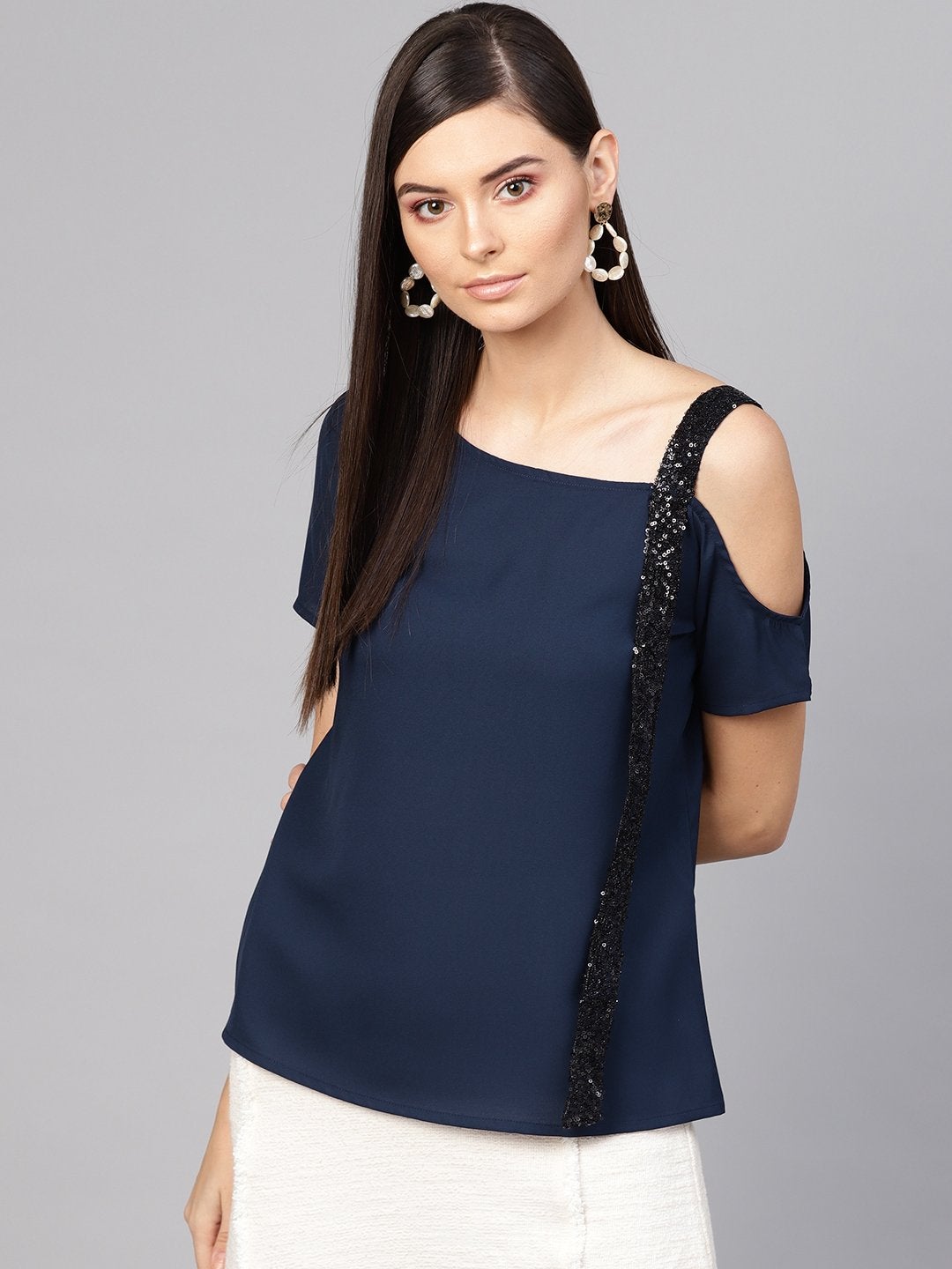 Women's Navy Sequin One Shoulder Strap Top - SASSAFRAS