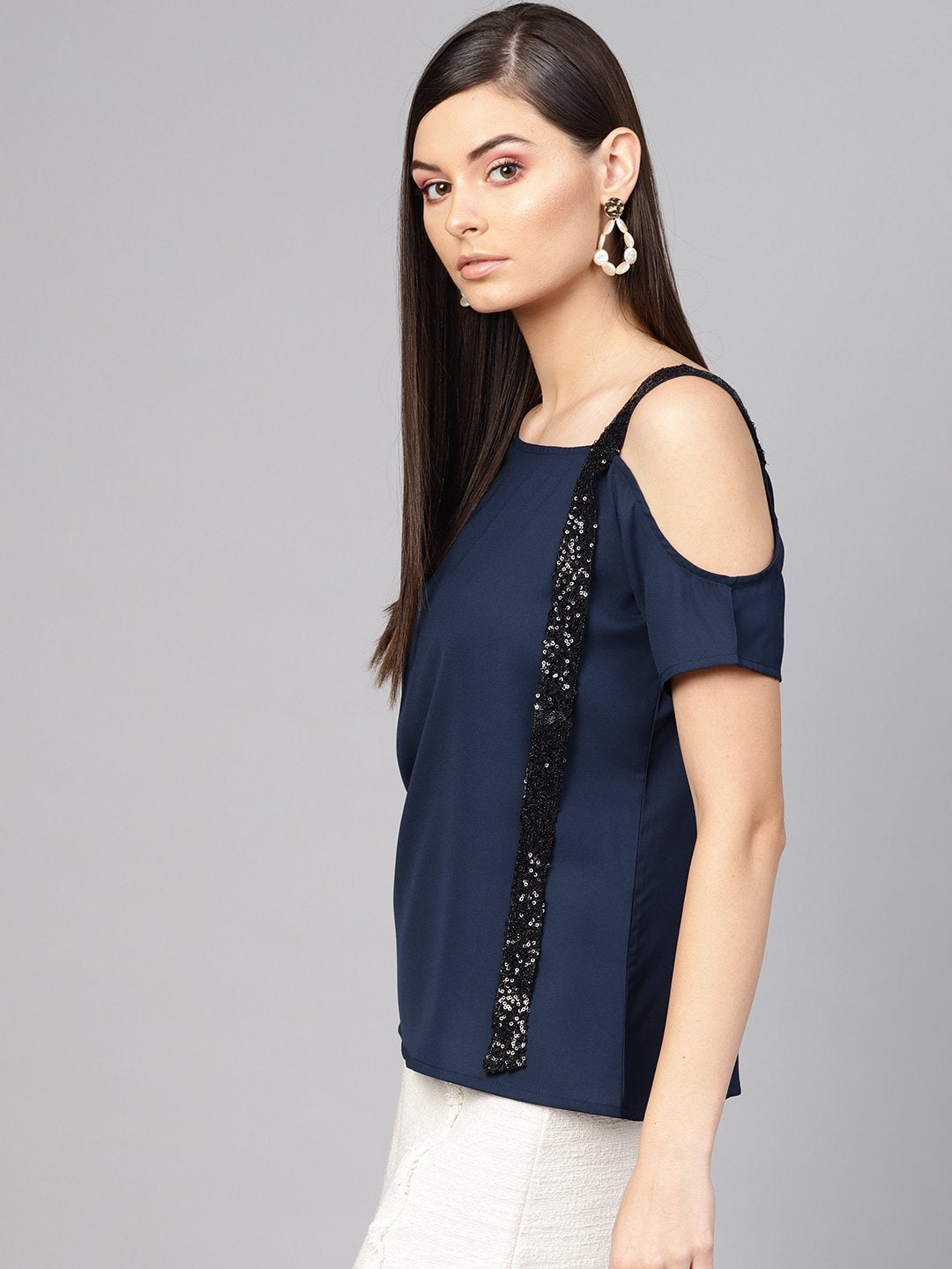 Women's Navy Sequin One Shoulder Strap Top - SASSAFRAS