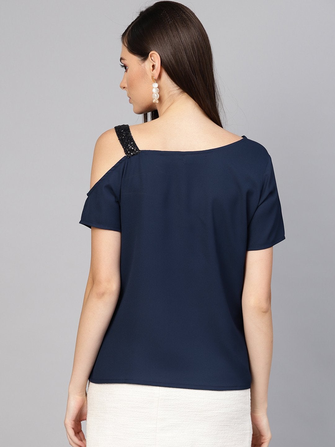 Women's Navy Sequin One Shoulder Strap Top - SASSAFRAS