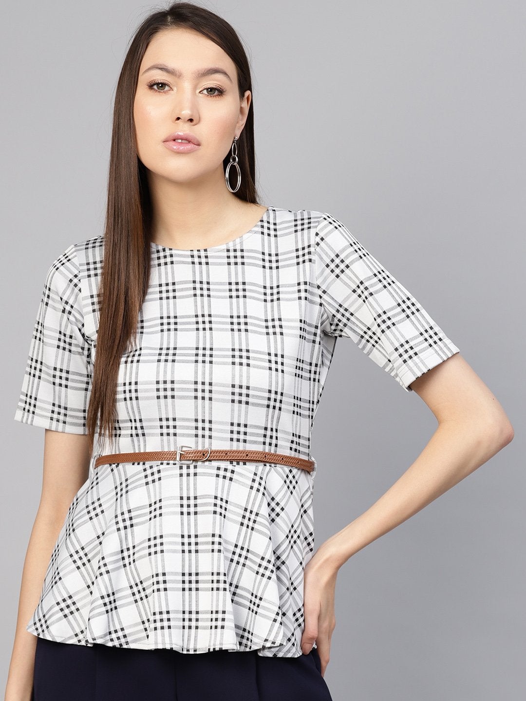 Women's Black & Grey Check Belted Peplum Top - SASSAFRAS