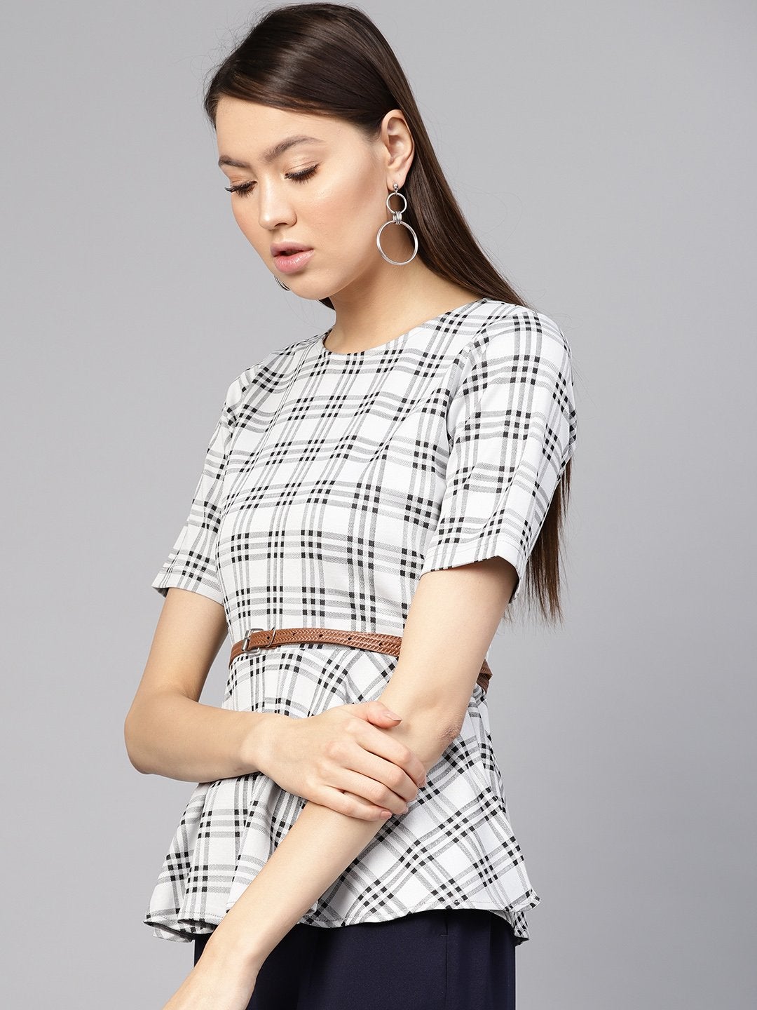 Women's Black & Grey Check Belted Peplum Top - SASSAFRAS