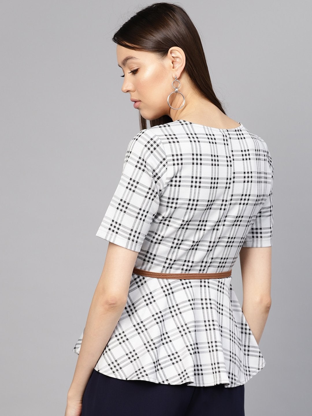 Women's Black & Grey Check Belted Peplum Top - SASSAFRAS