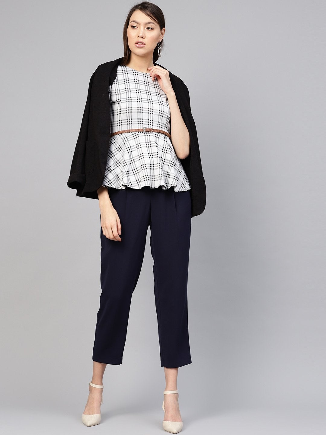 Women's Black & Grey Check Belted Peplum Top - SASSAFRAS