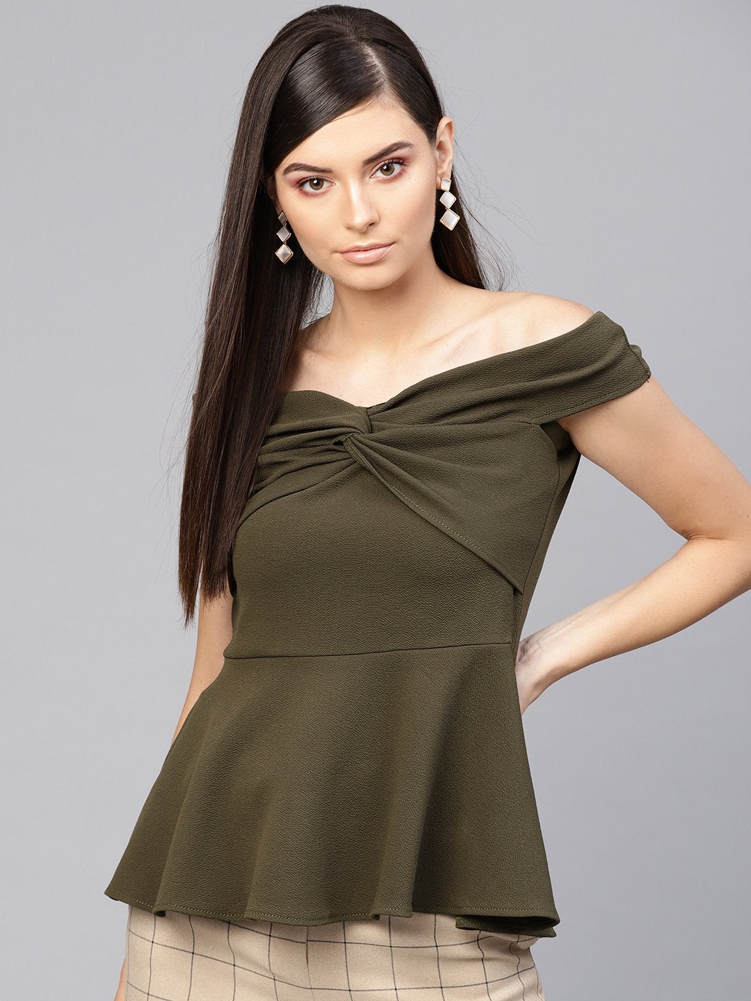 Women's Olive Bardot Peplum Top - SASSAFRAS