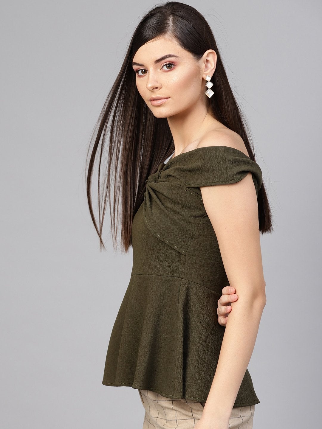 Women's Olive Bardot Peplum Top - SASSAFRAS